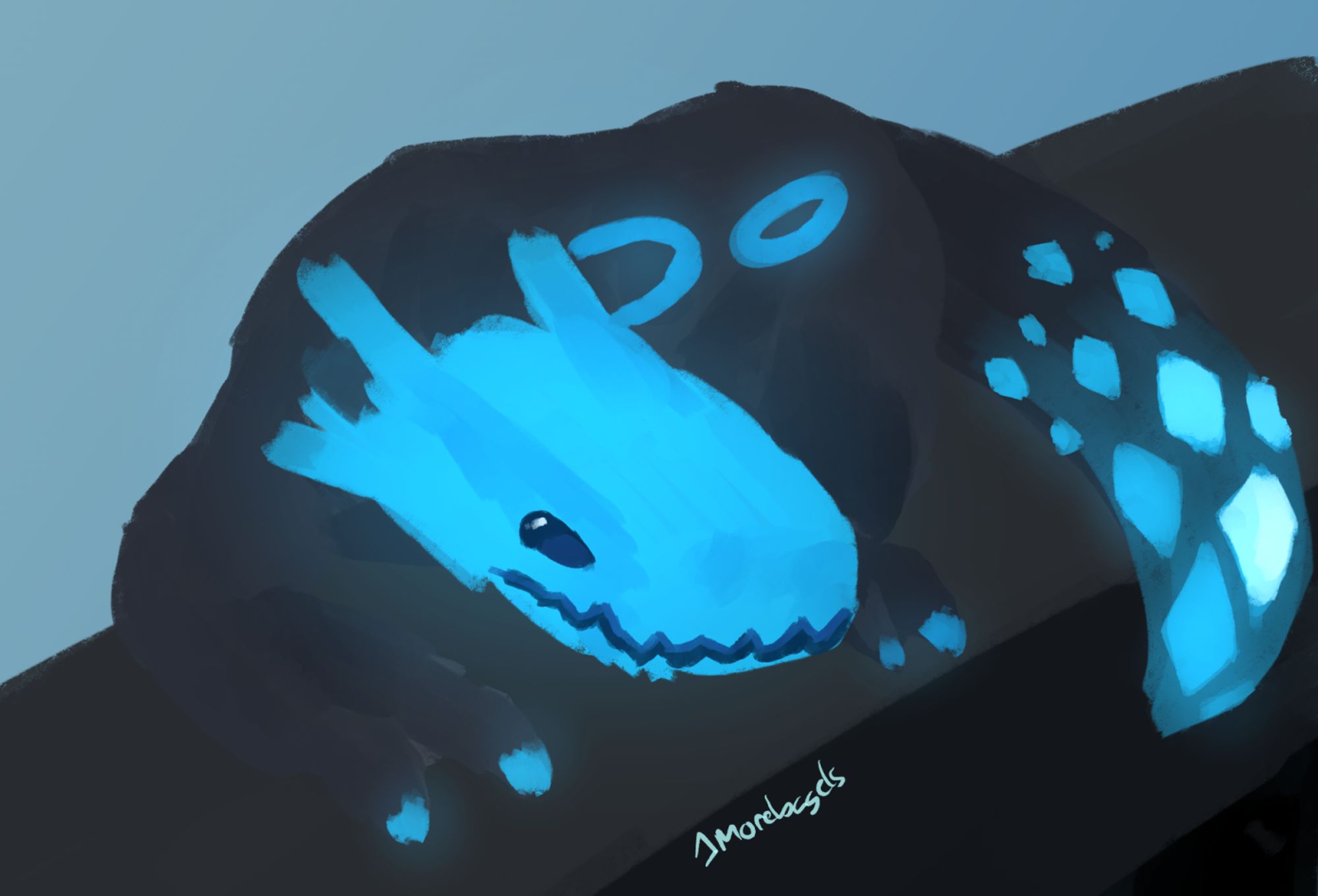 a painting of a cyan lizard crouched down