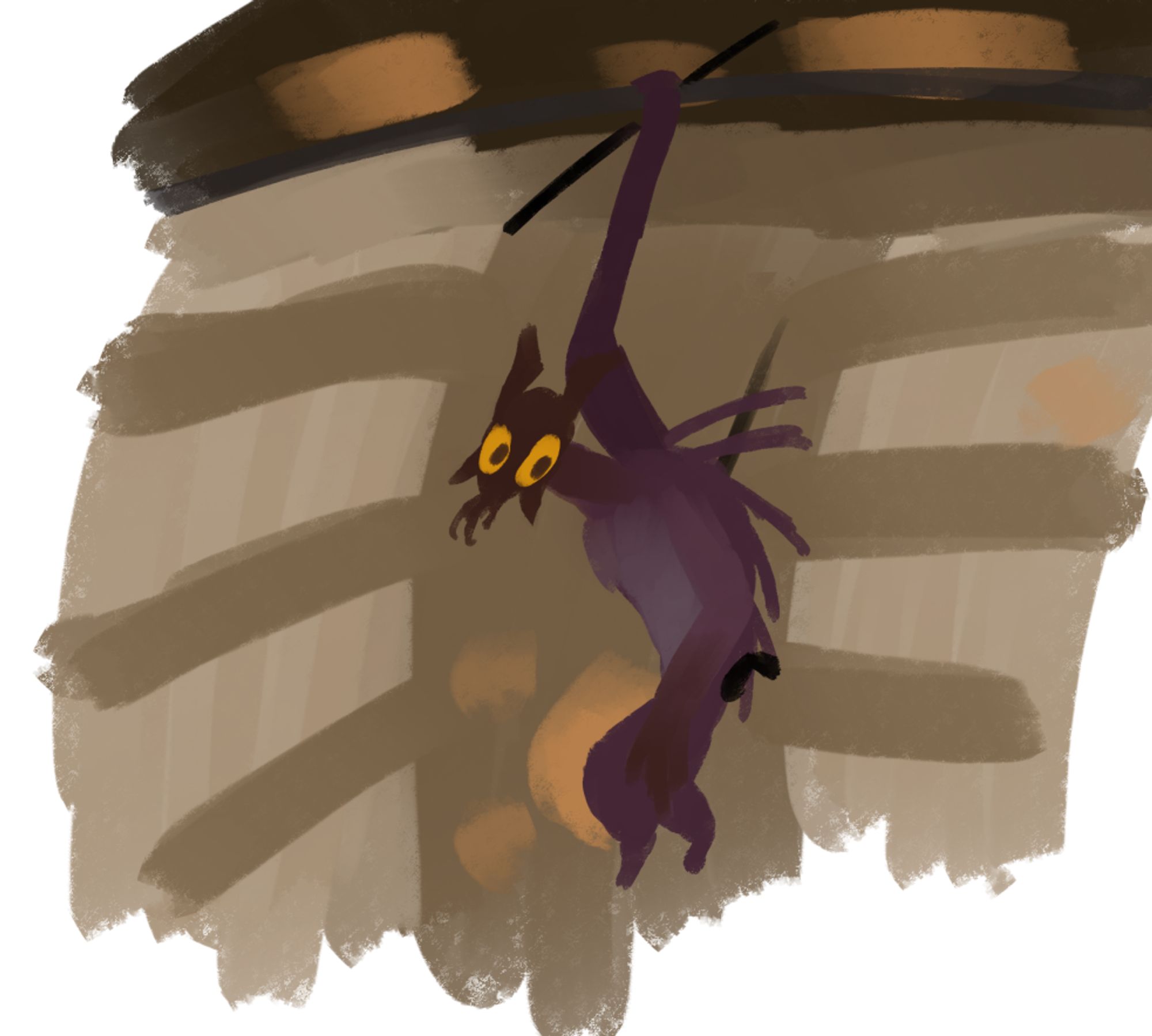 A brown scavenger with yellow eyes hanging with one hand from a horizontal pole