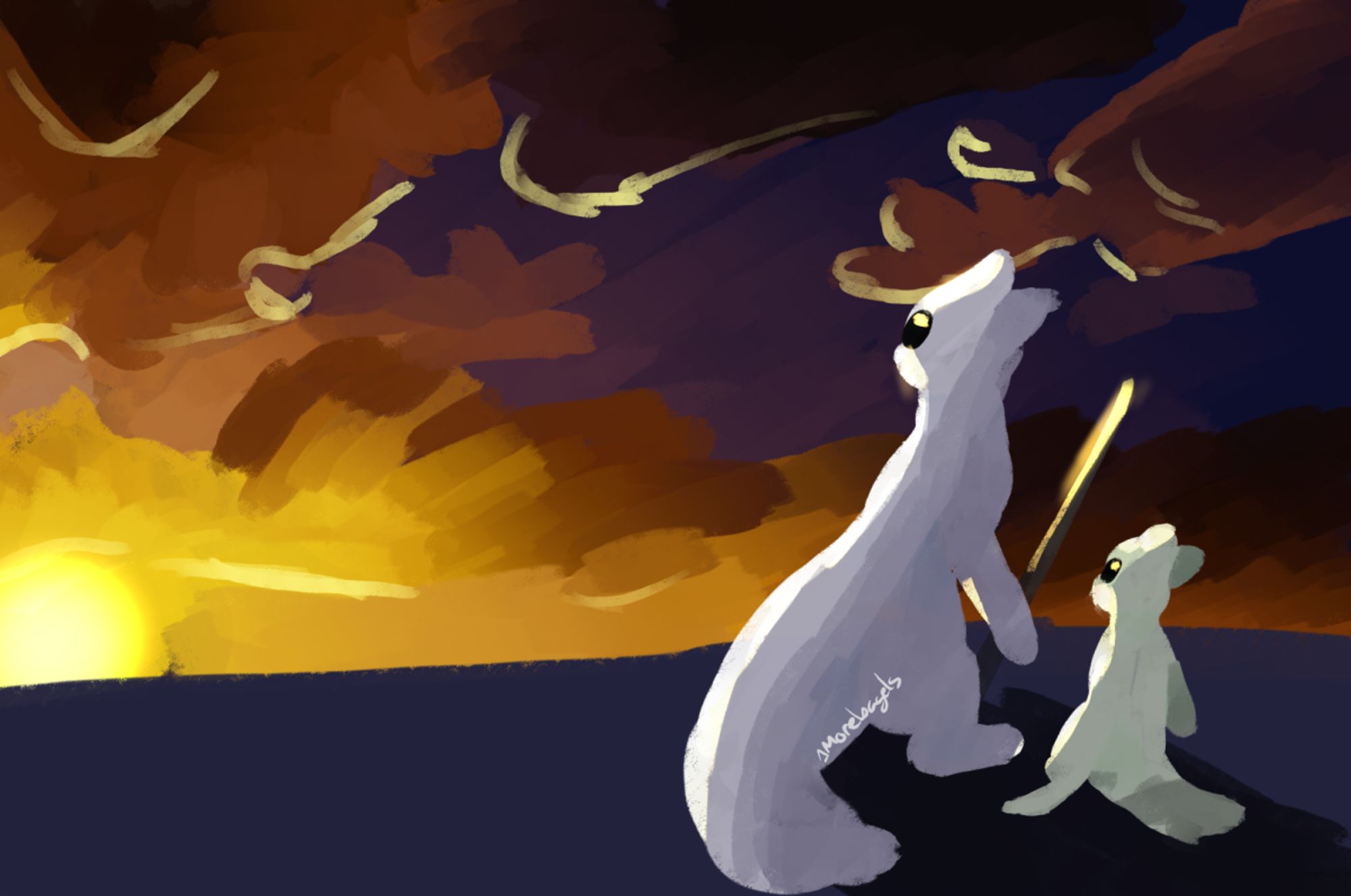 survivor and a slugpup overlooking a golden-brown sunset in the distance