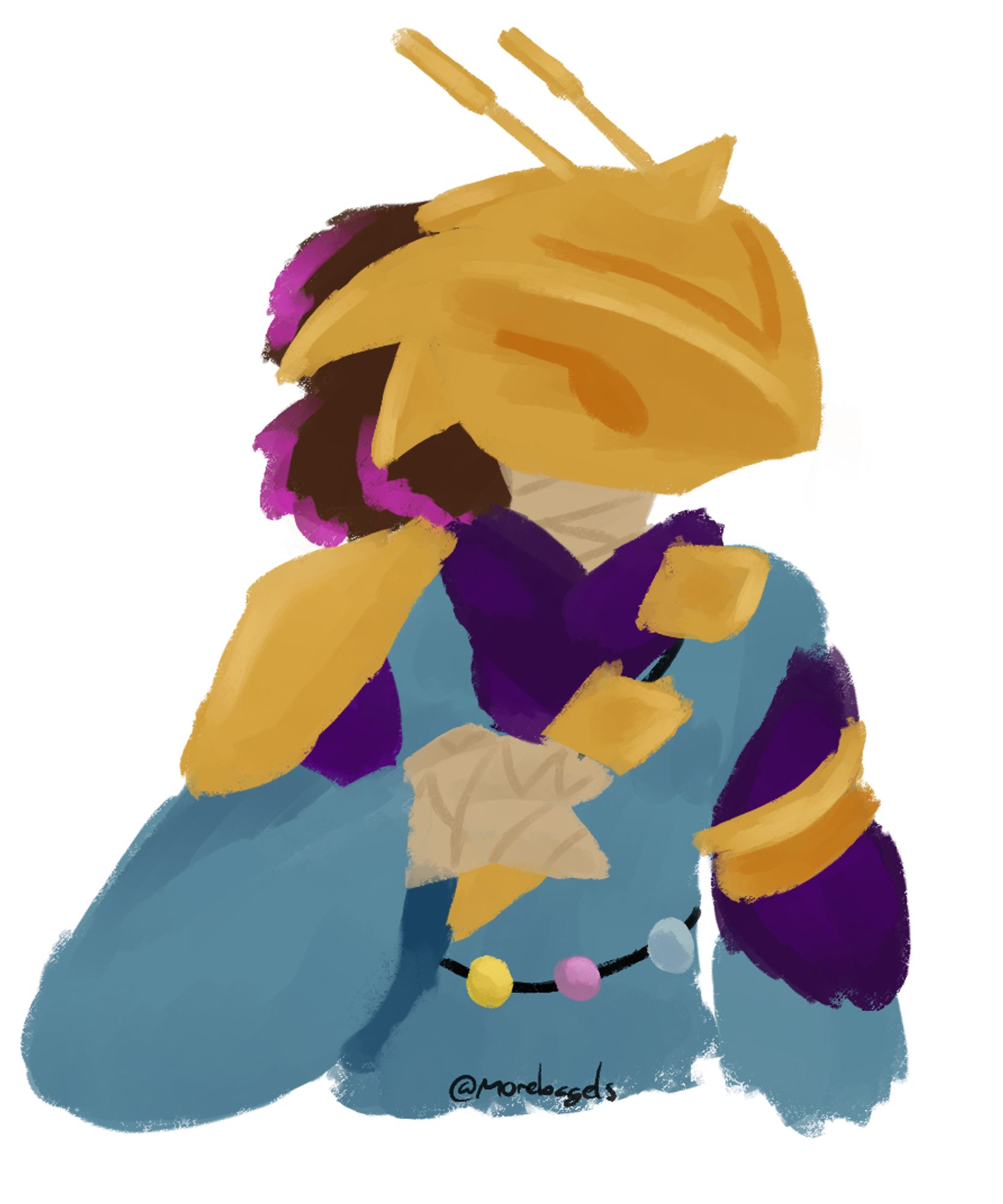 An ancient wearing primarily blue, with  purple accents and large amounts of gold