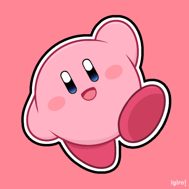 The popular videogame character, Kirby, is smiling while waving hi at the viewer. The illustration has a flat pink backdrop.