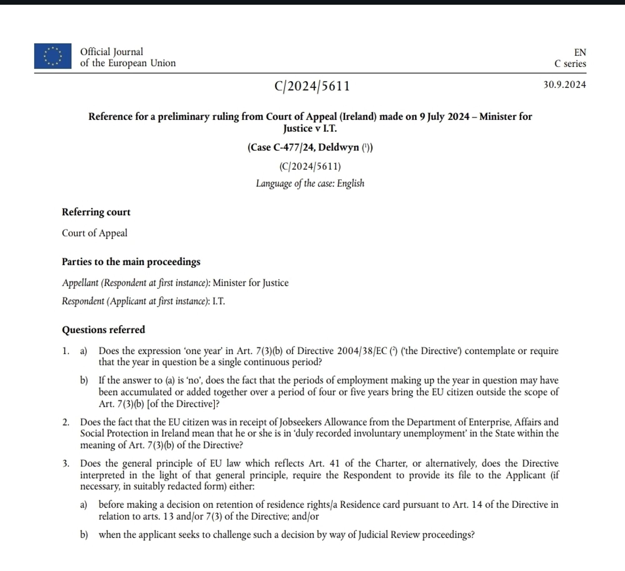 Questions sent from the national court to the CJEU