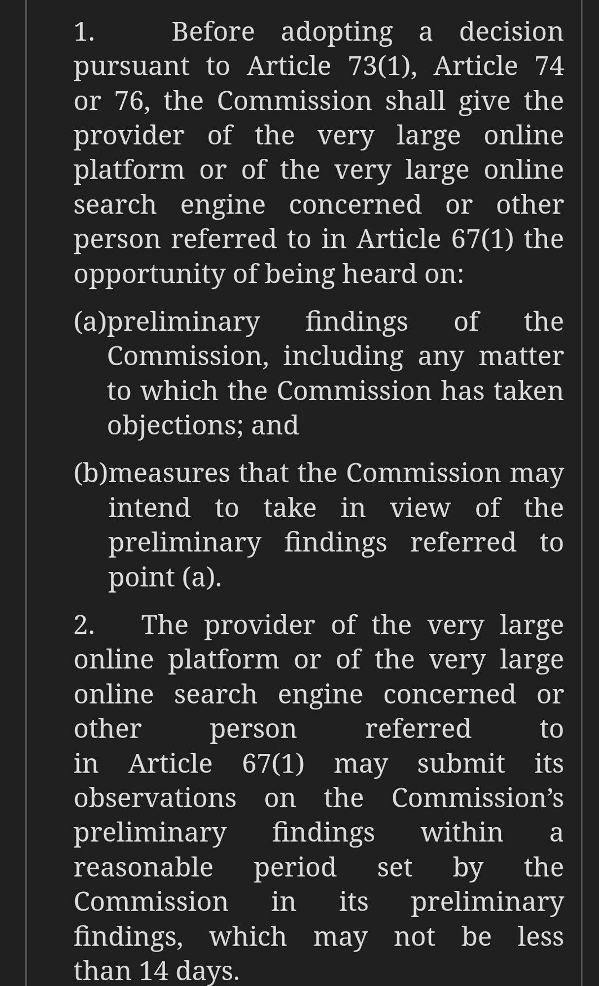 Article 79(1) and (2) of the Digital Services Act, on the right to be heard in the event of Commission proceedings.