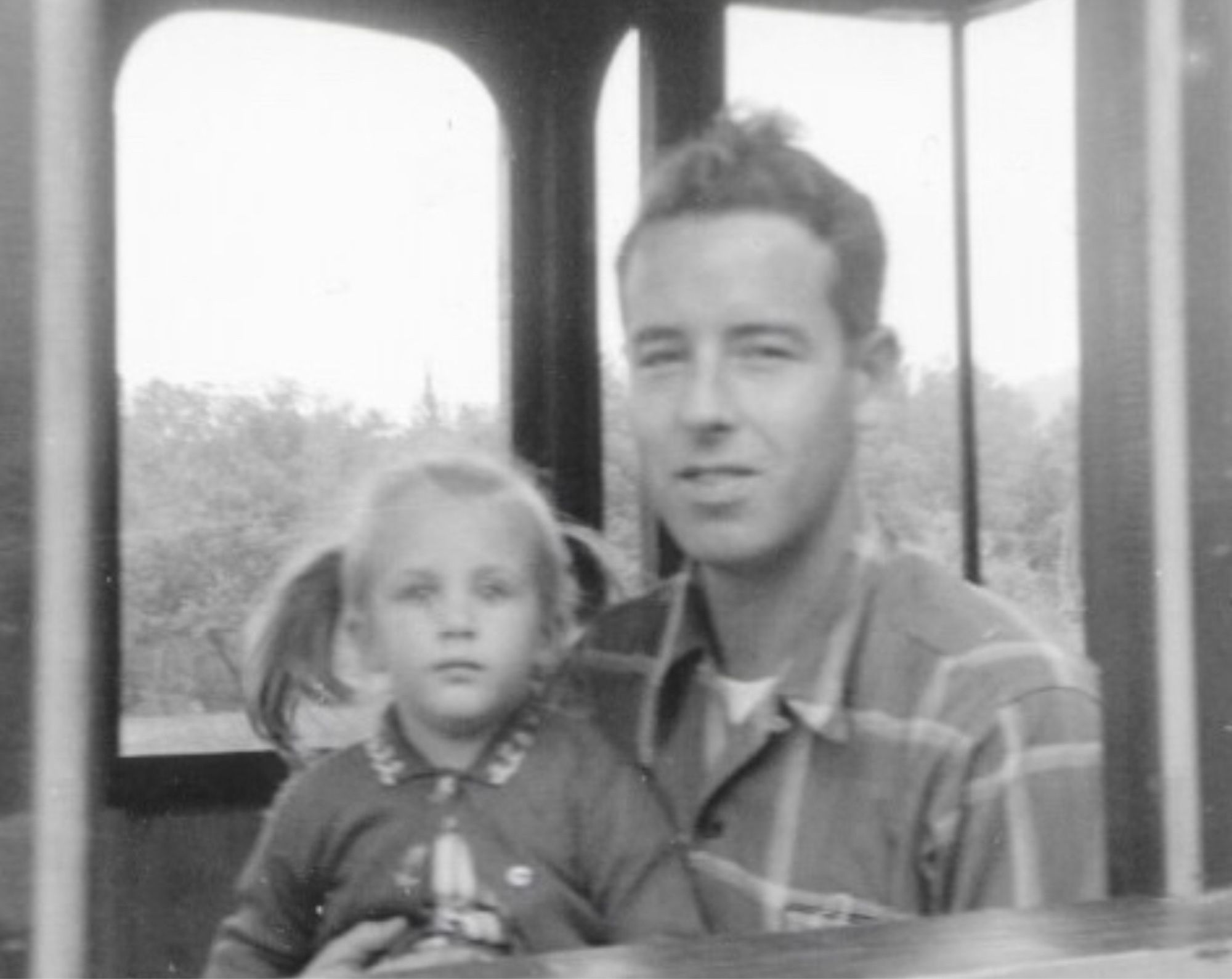 Three year-old me sitting in my Dad‘s lap. I believe this was a stagecoach ride at Western World… one of the amusement parks for very young children that sprung up after the war.