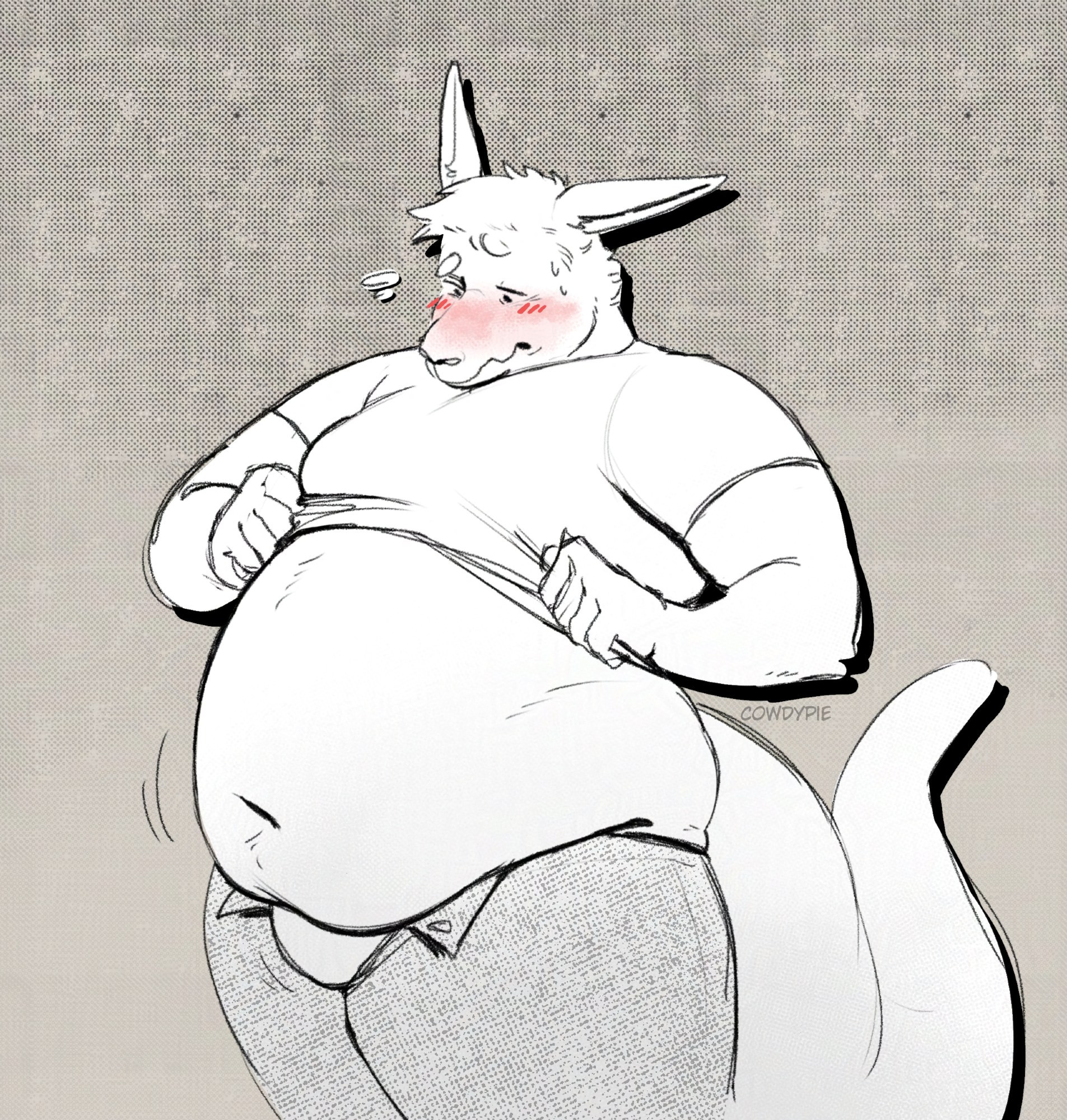 A kangaroo (named Ruben) is trying to pull down his shirt. It's stuck between his chest and large gut, making him blush as he looks down at what he's doing. His pants are also tightly on him, unbuttoned and unzipped.