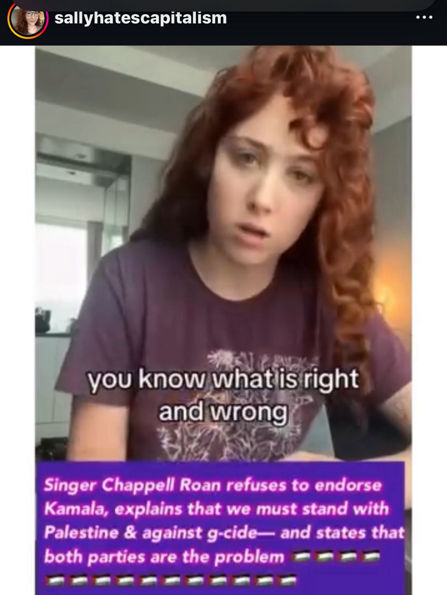 sallyhatescapitalism
you know what is right and wrong
Singer Chappell Roan refuses to endorse Kamala, explains that we must stand with Palestine & against g-cide— and states that both parties are the problem - - - -