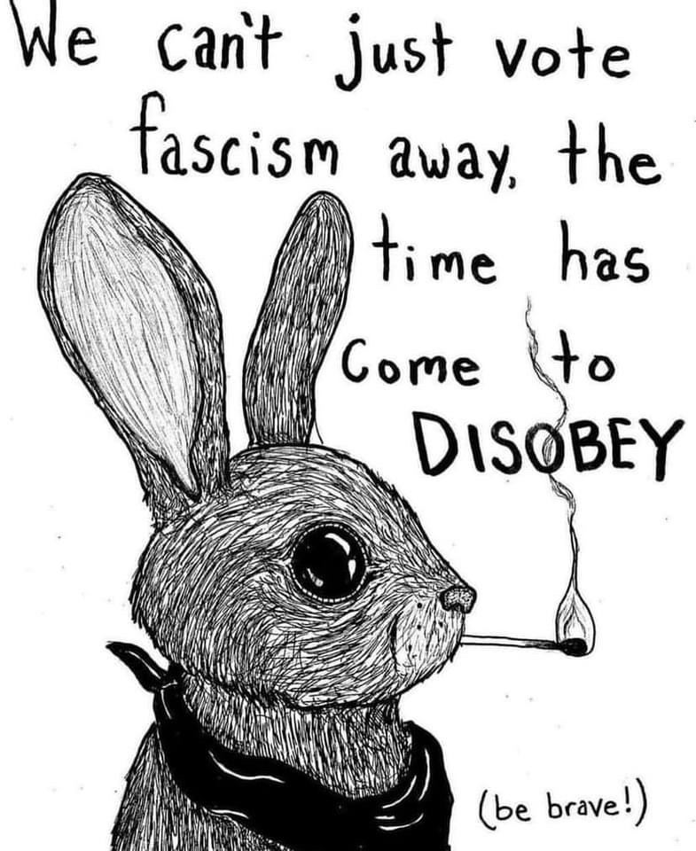 Rabbit smokes a cigarette. Says :
We can't just vote
Fascism away, 
the time has
Come to DISOBEY. 
(be brave!)