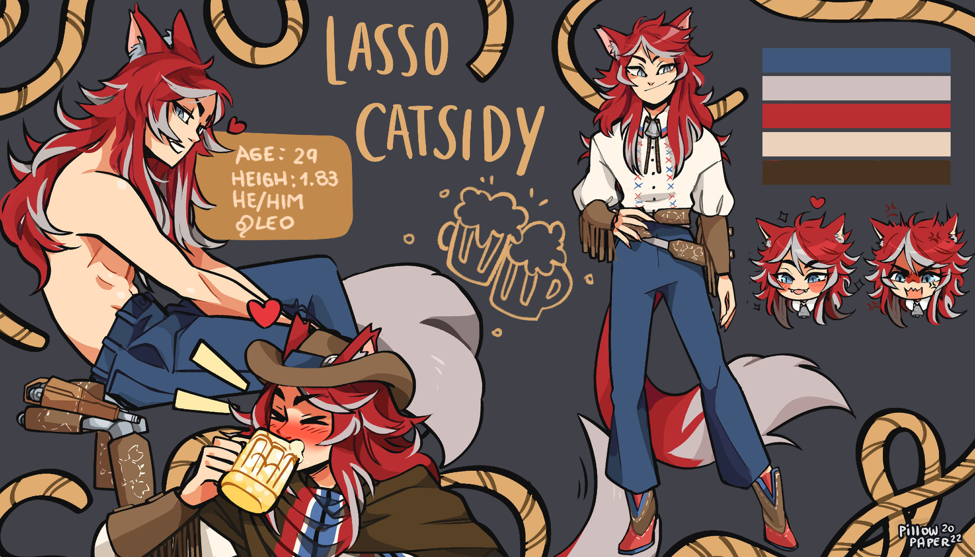 Lasso Catsidy Catboy Cowboy Vtuber ref sheet in human form
He is a red haired catboy in western outfit