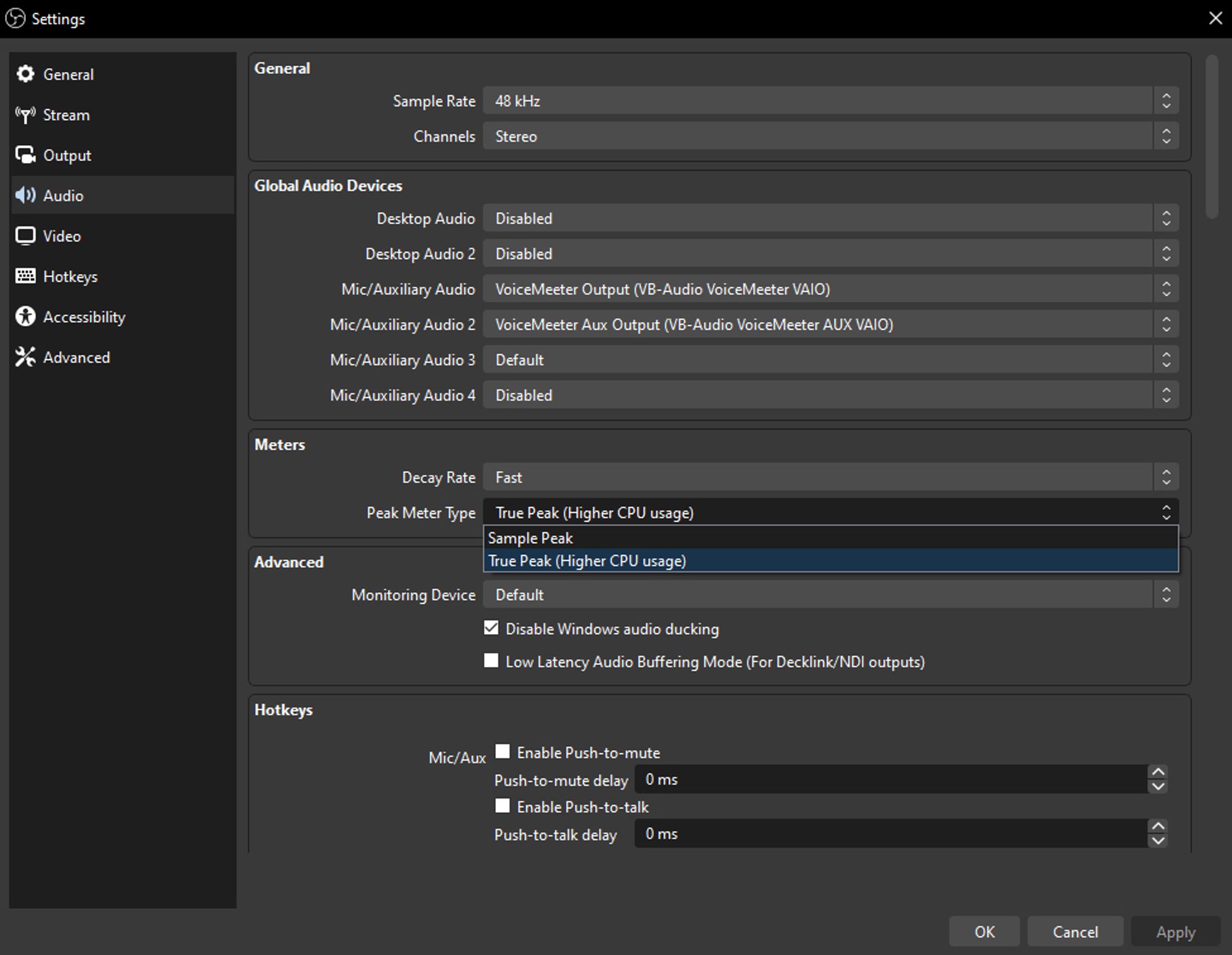 Image of OBS setting window.
Audio is selected as the category
Peak meter type is selected , then True peak is chosen in a drop down menu