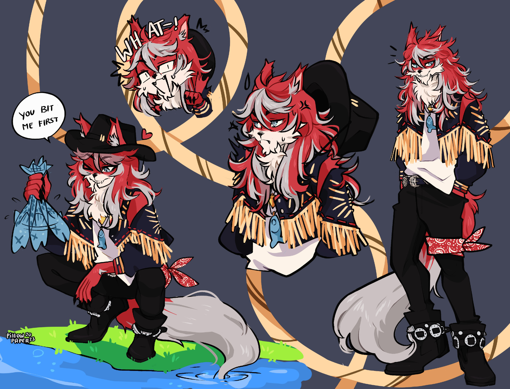 Lasso Catsidy Catboy Cowboy Vtuber ref sheet in Furry form
He is a red haired catboy in a modern western outfit.