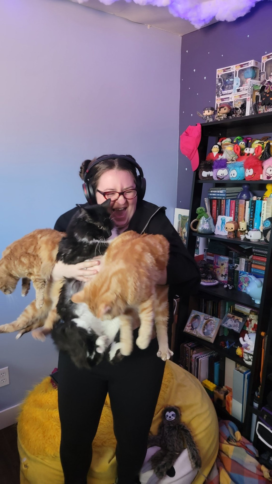 Amy laughing her face off while struggling to hold all three of her cats in her office. Eleanor, Sparrow, and Oliver are all trying to escape her clutches.