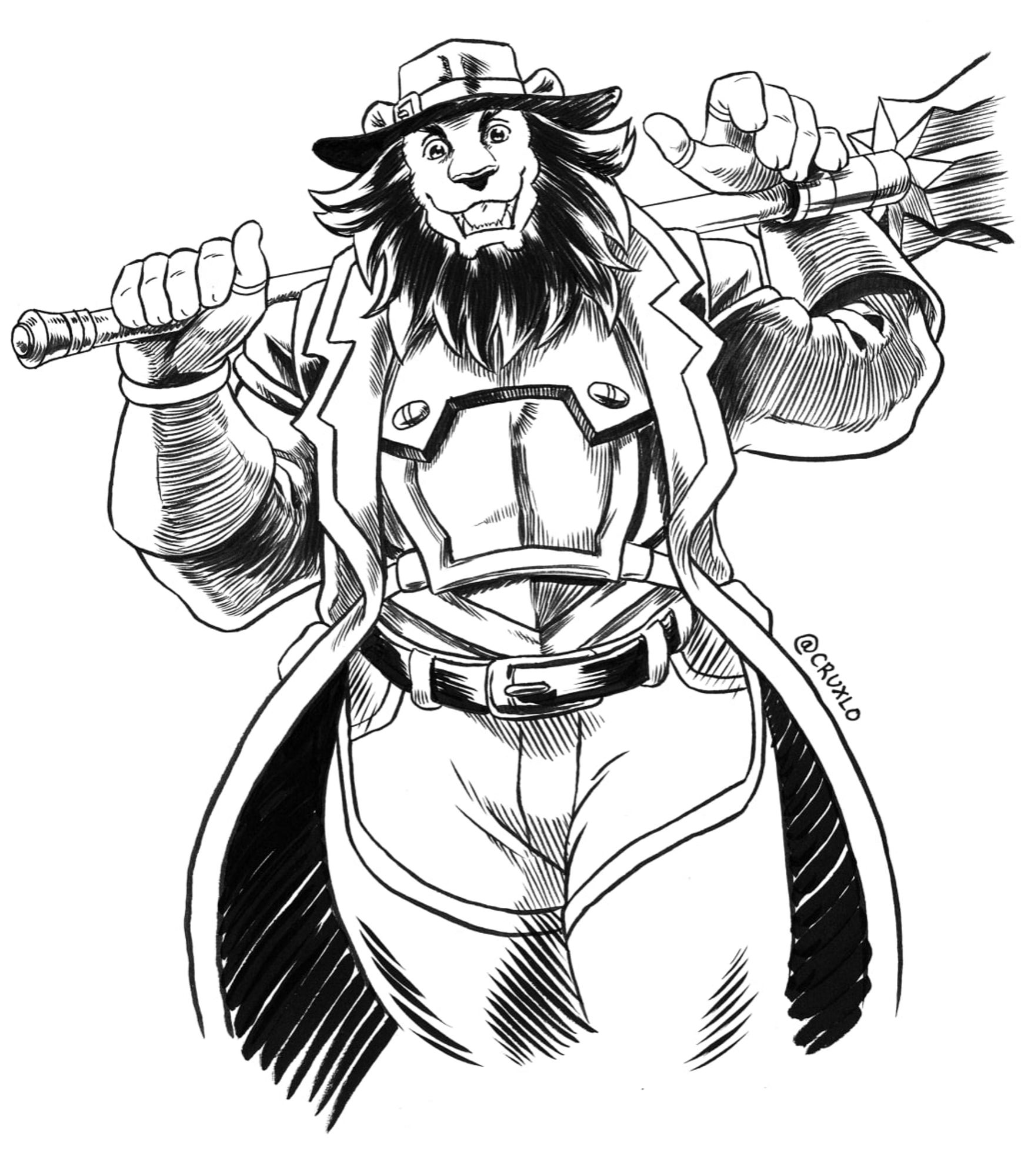 Chuz Gristmane, a massive, imposing, muscular Leonin in half-plate armor, a trenchcoat, wearing pauldrons, thick gloves, and a hat, while carrying a mace over his shoulders. His smile shines through his bushy mane as he looks down at the viewer.