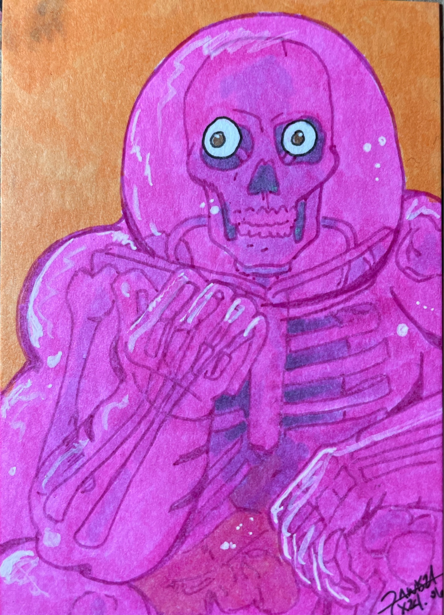 Glob Herman, from the X-Men, striking the Thinker pose, drawn and colored on a sketch card.