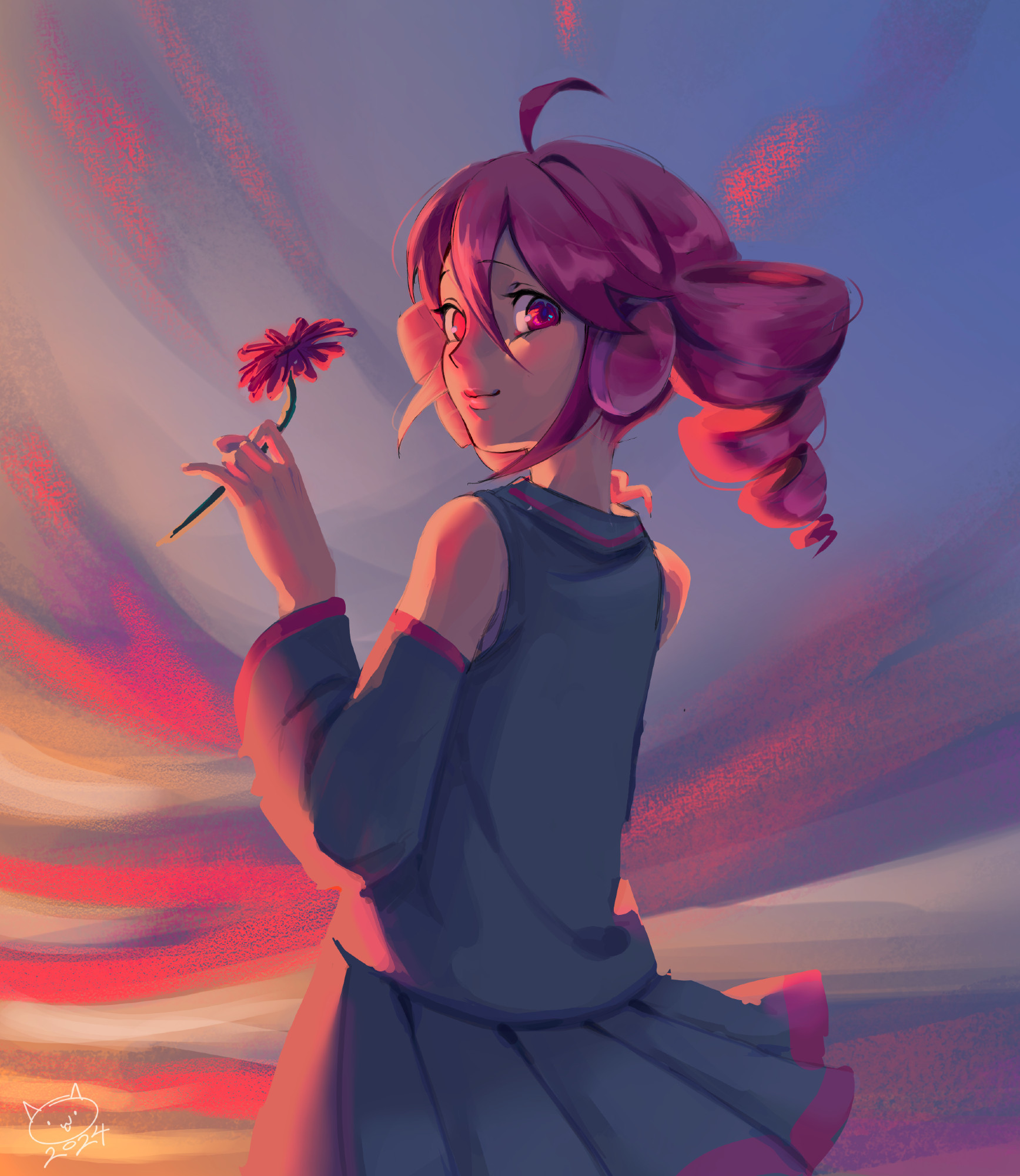 Drawing of Kasane Teto holding a flower during a sunset, with pink clouds in the background and a pink light shining on her