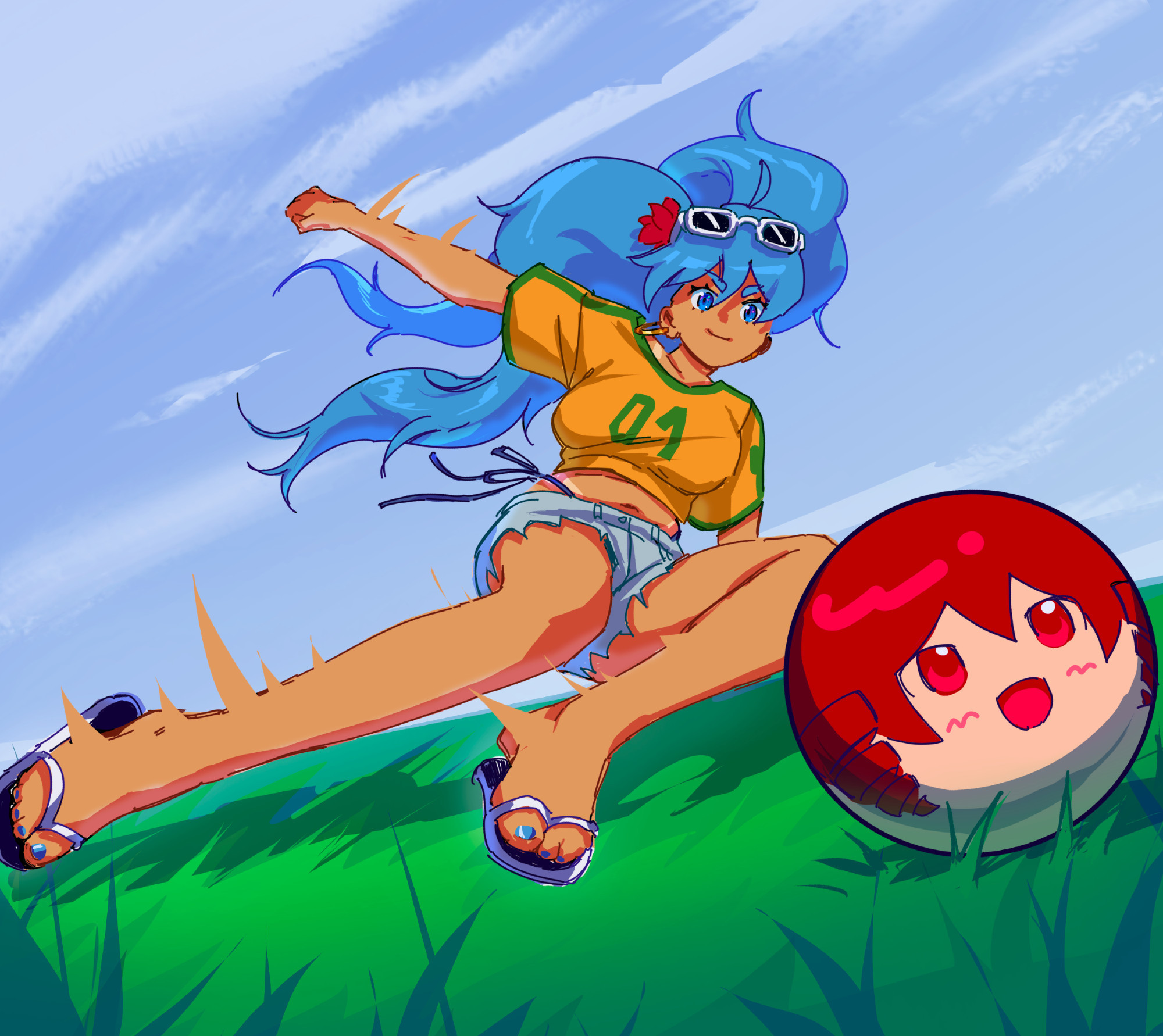 Brazilian Miku gearing up to kick a football with the face of Teto printed on it