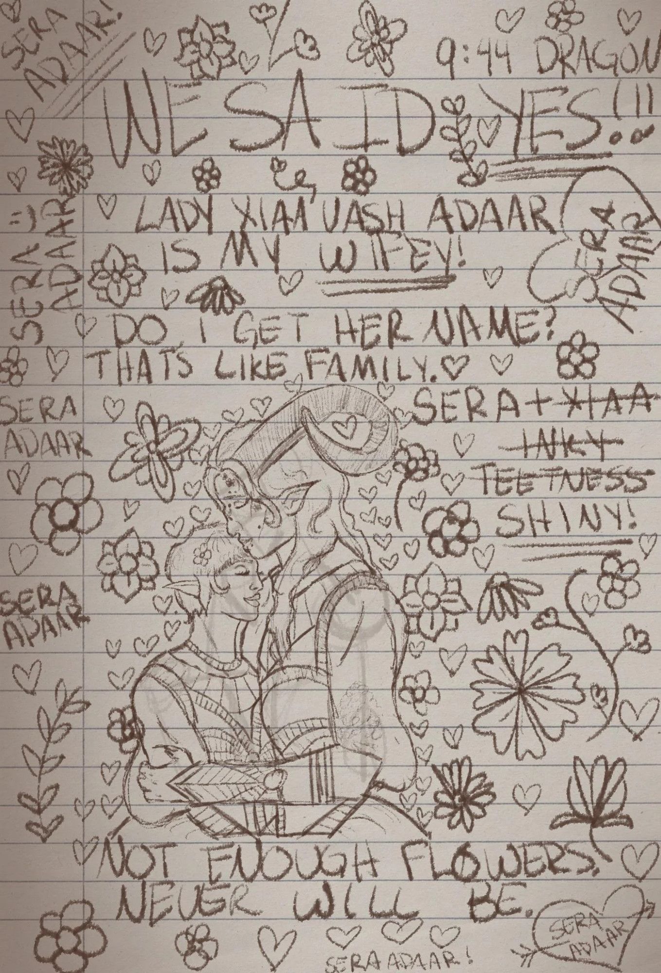 Artistic rendering of Sera's journal page from Dragon Age: Inquisition - Trespasser featuring drawings and scribbles about Sera and qunari Inquisitor Xiaa'vash Adaar.