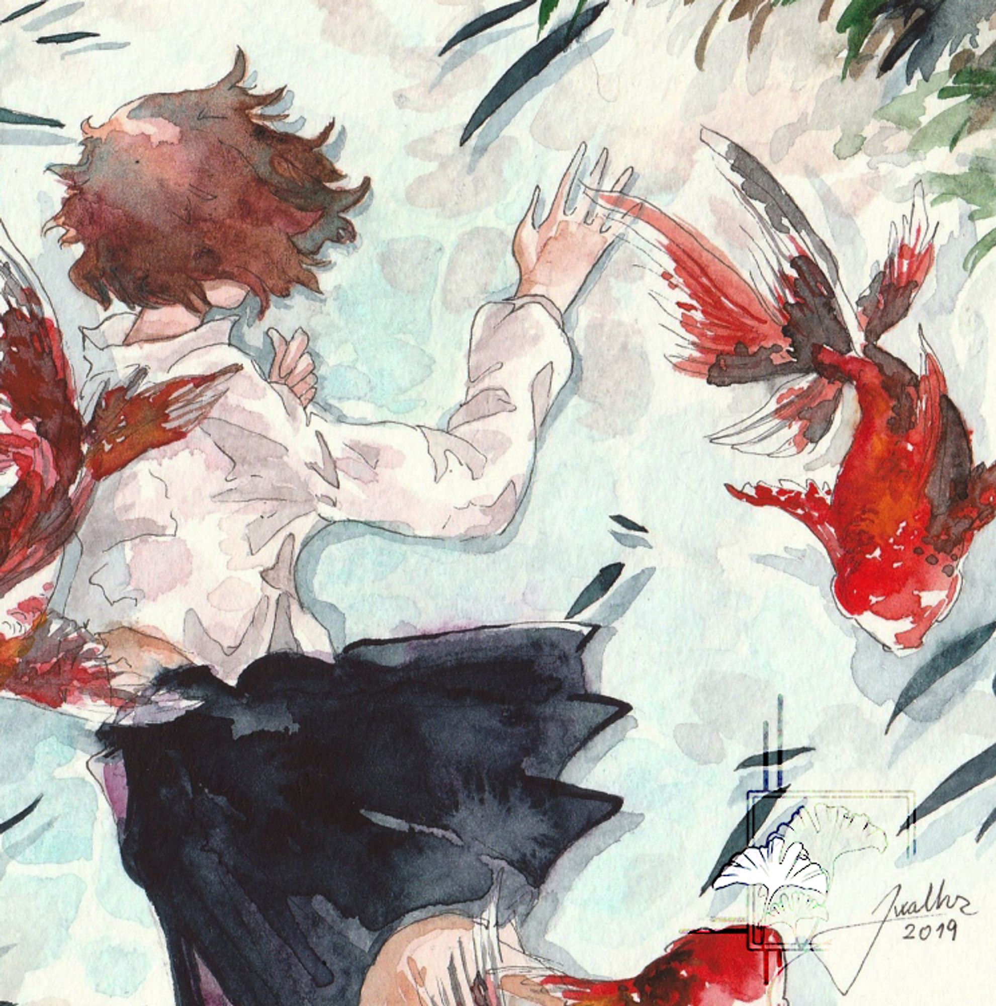 A watercolor painting of a girl that lays down under the water with red fish swimming around her.