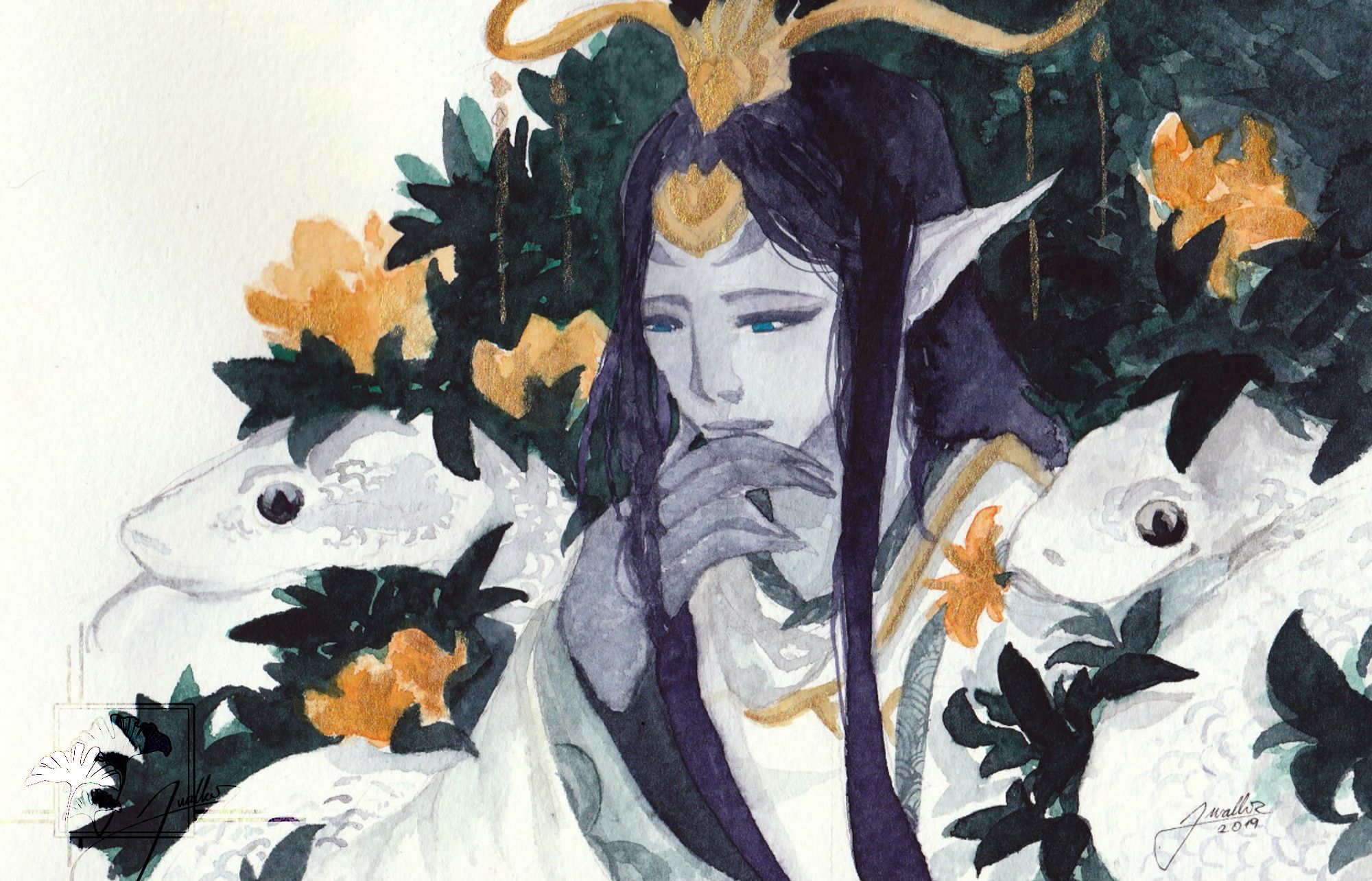 Watercolour painting of boss from FFXIV, Seiryu surrounded by two white snakes at his side and flower bush. The character resting his hand by his chin in a deep contemplation.