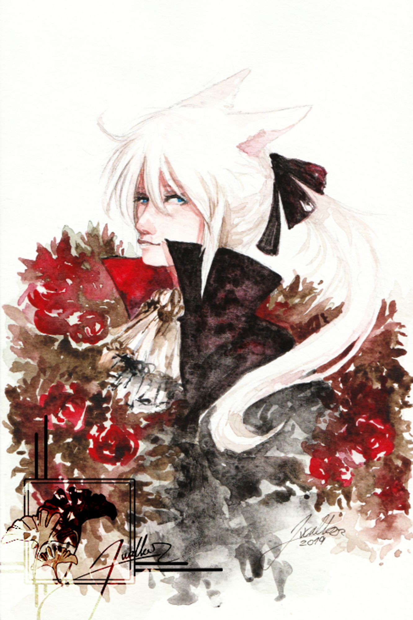 Loose Watercolour picture of White Haired Miqo'te character dressed in dark coat with a white cravat fading between rose bushes