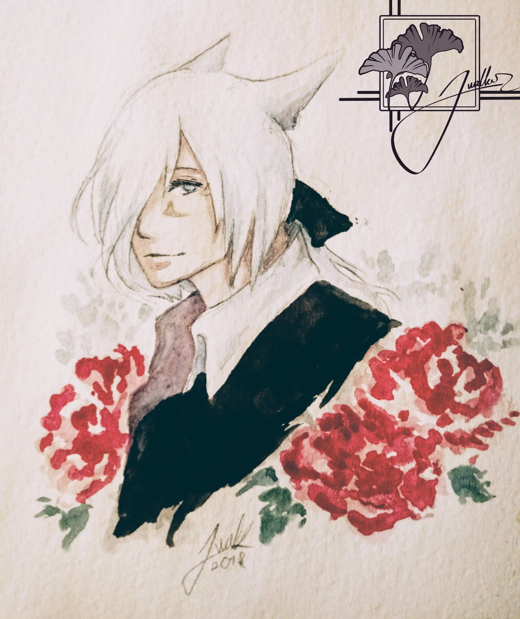 Watercolor sketch painting of Miqo'te character portrait with white hair, dressed in black shirt.