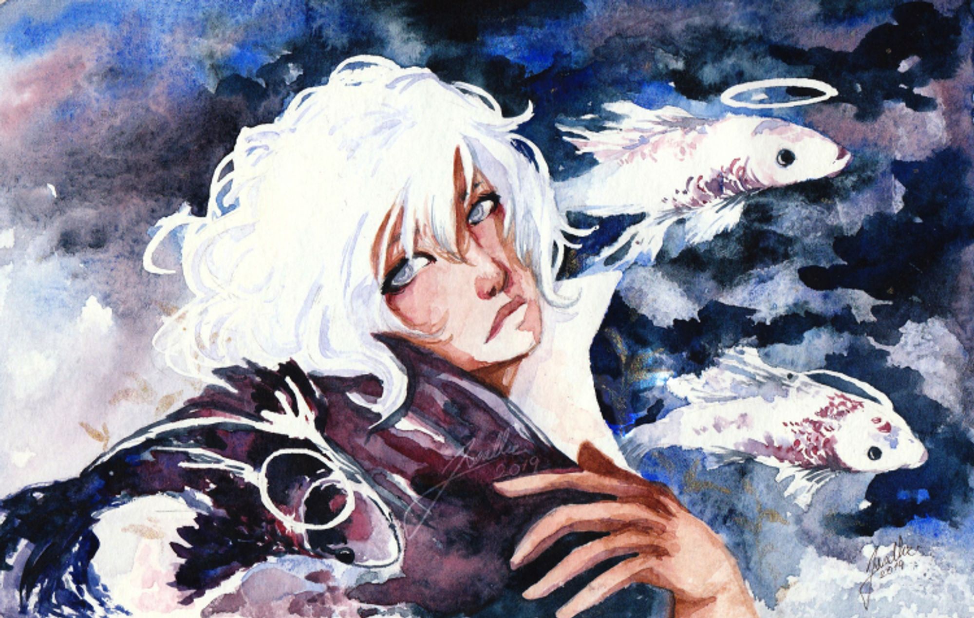 White Haired character in wast sea of dark blue colors, with 3 fish spirit floating around him with a small halos