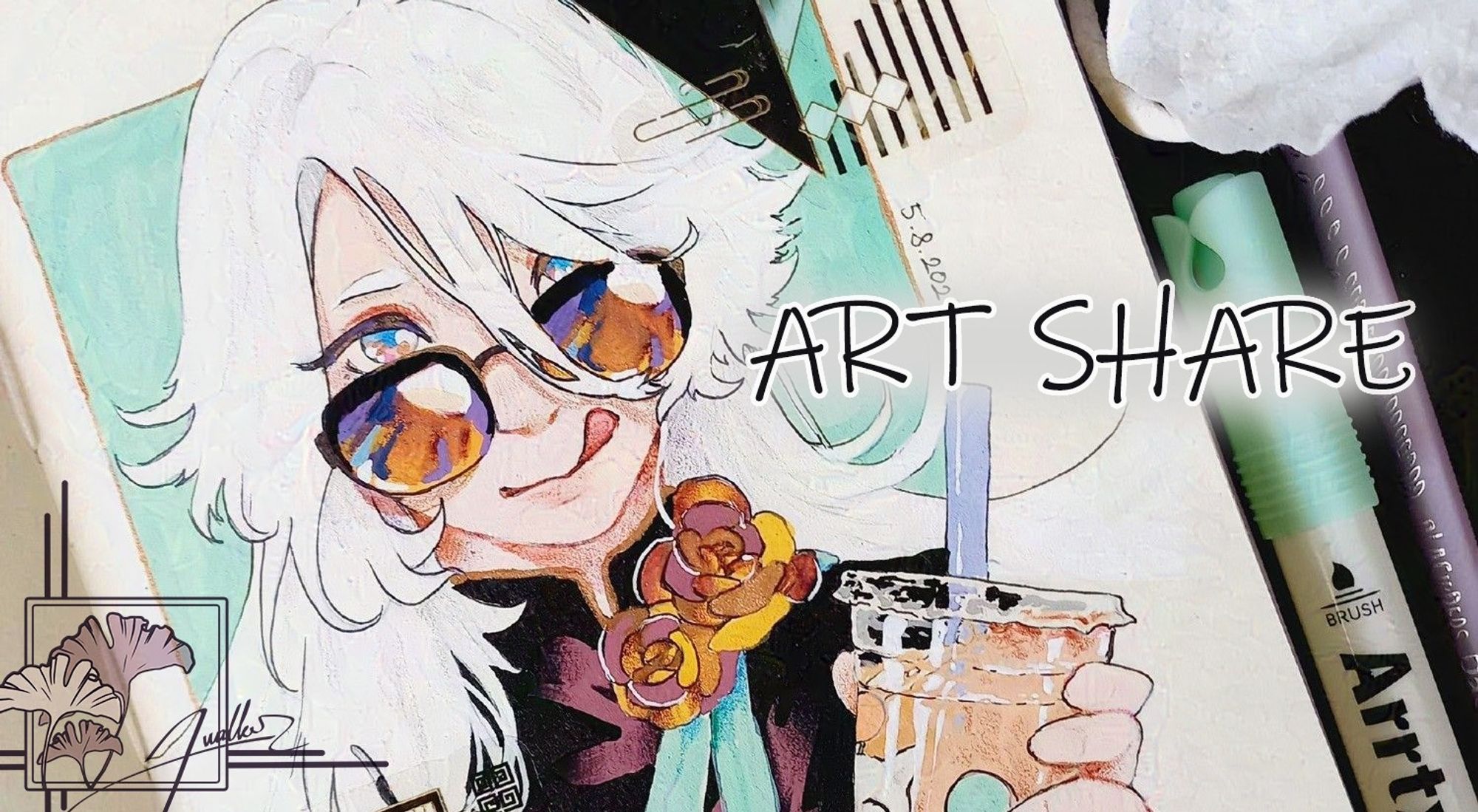 ART SHARE

A colorful drawing in sketchbook, depicting white haired character with sunglasses, licking their lips and holding a boba tea.