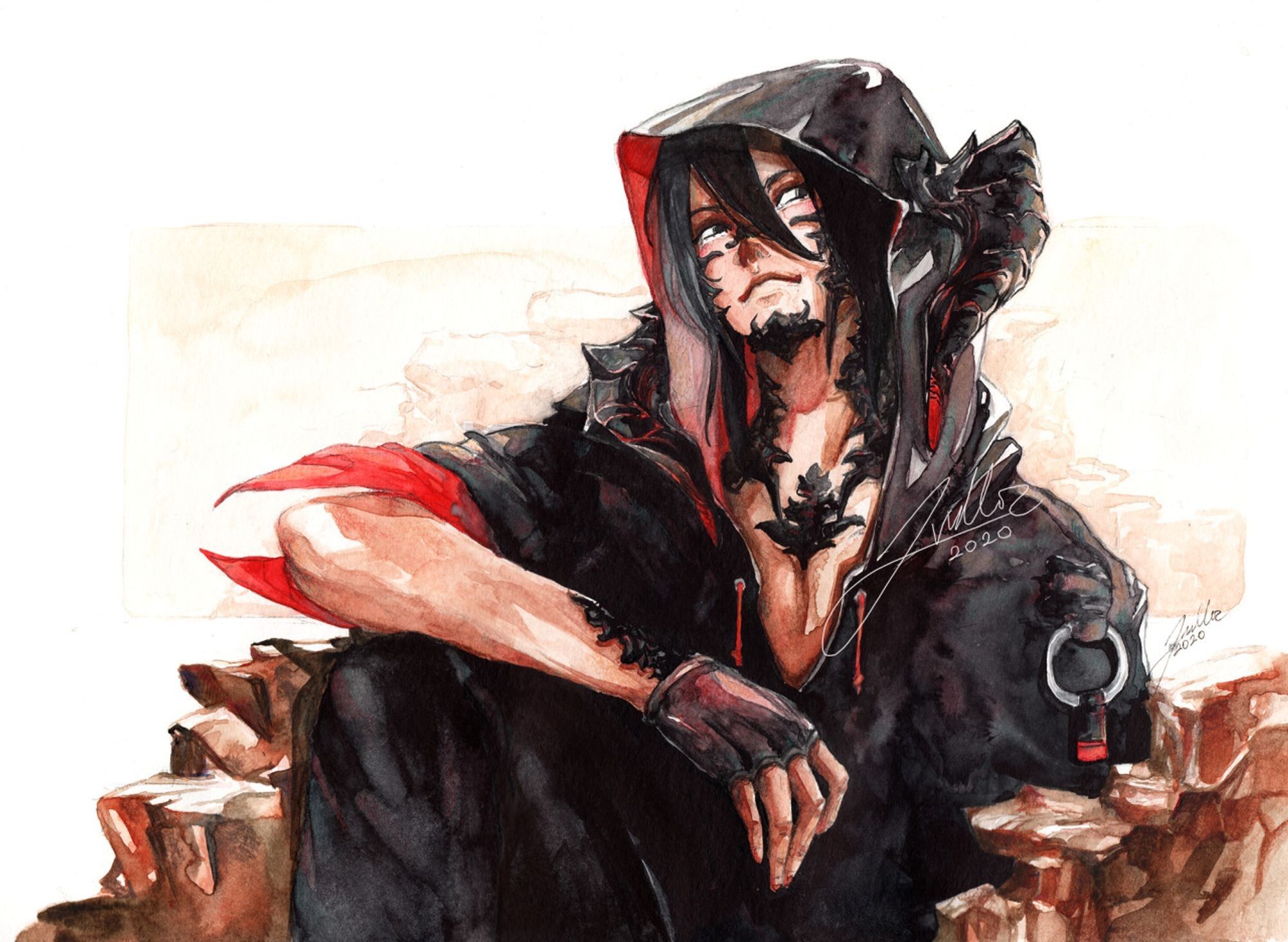 Picture of a smug looking au-ra character from ffxiv. Dressed up in a black hoodie with a red inner layer. He is looking up, with a confident smile, while sitting between rocks.