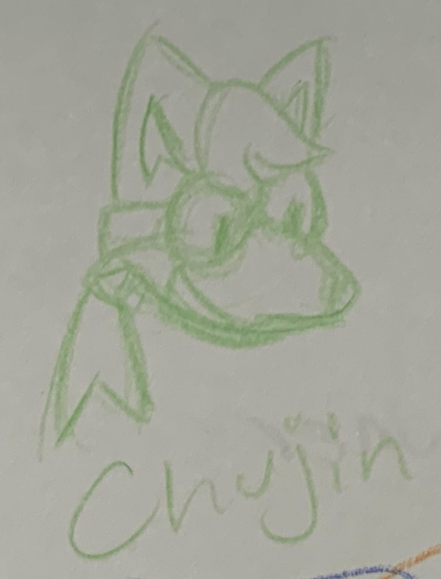 A green pencil doodle of Chujin Ketsukane, a fox character from the fangame Undertale Yellow