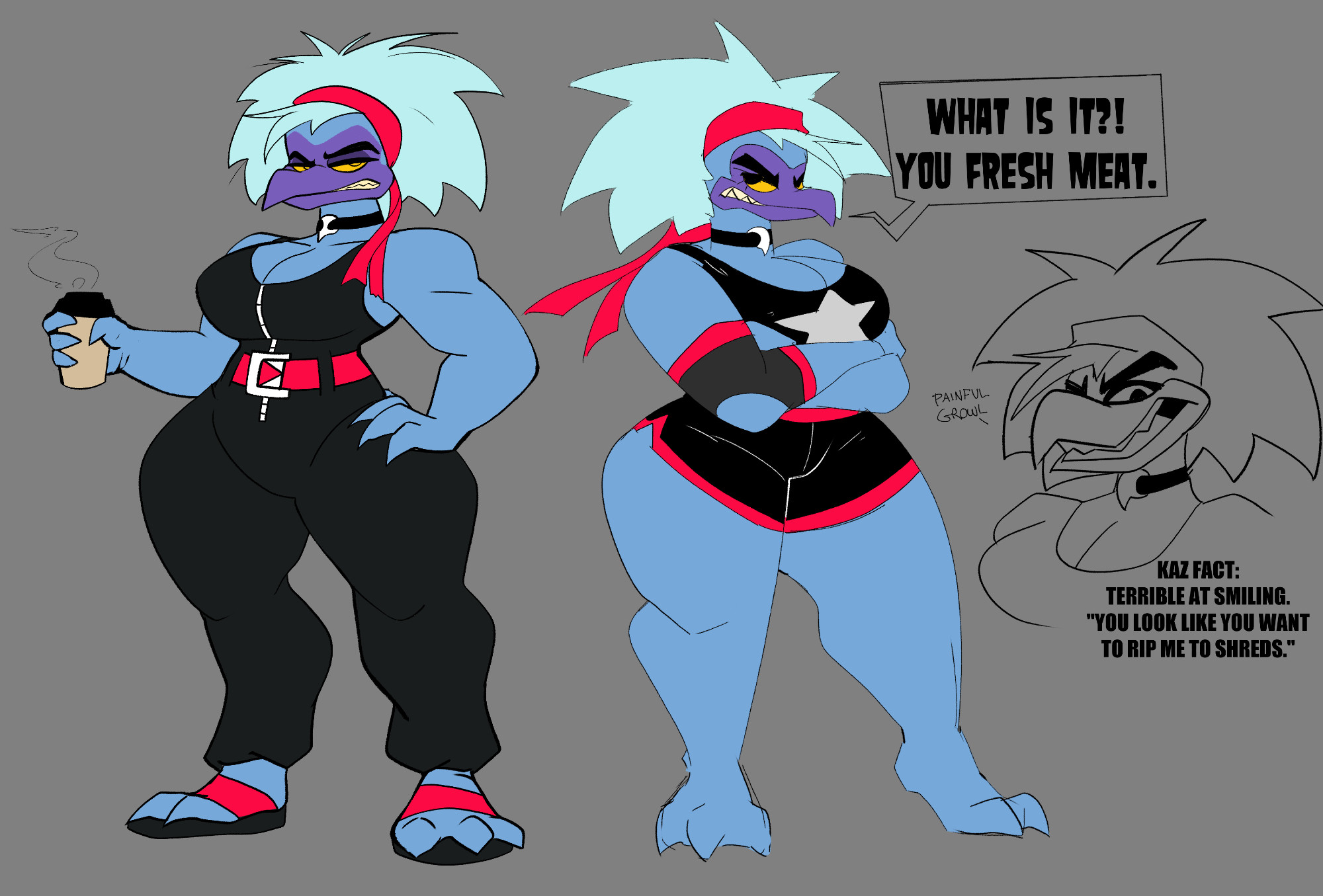 A few images of Kaz.

One she is seen wearing a jumpsuit of type with a cup of coffee.
The other she is seen wearing her attire she wears during her roller derby matches.