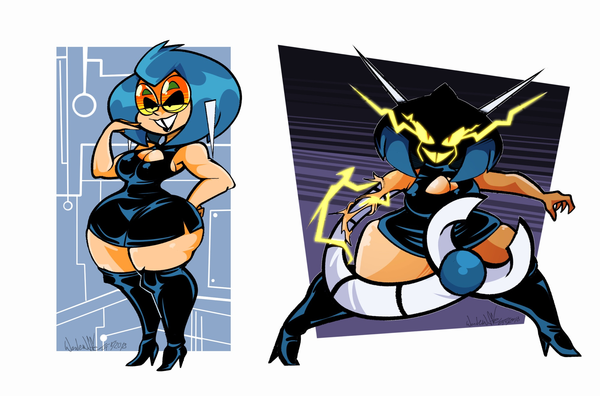 Two portraits of Sheep in “human” form.

The right one has her metallic arm and claw rip through the skin, her sharp antenna like horns can be seen sticking up too.
Her eyes and teeth glow as the rest of her face is obscured by the shadows.