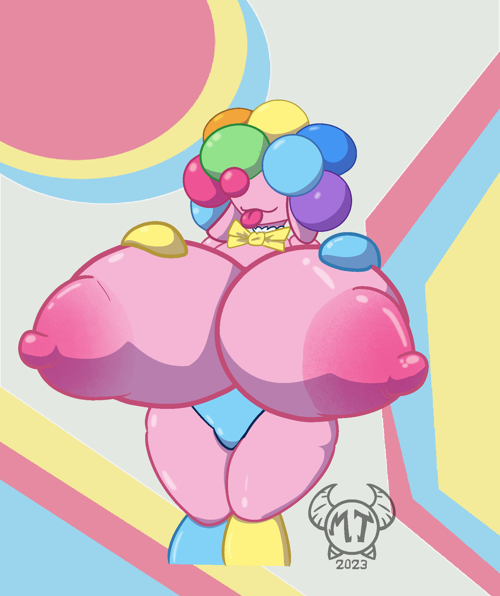 Four pictures of a balloon poodle experiencing breast expansion from added air