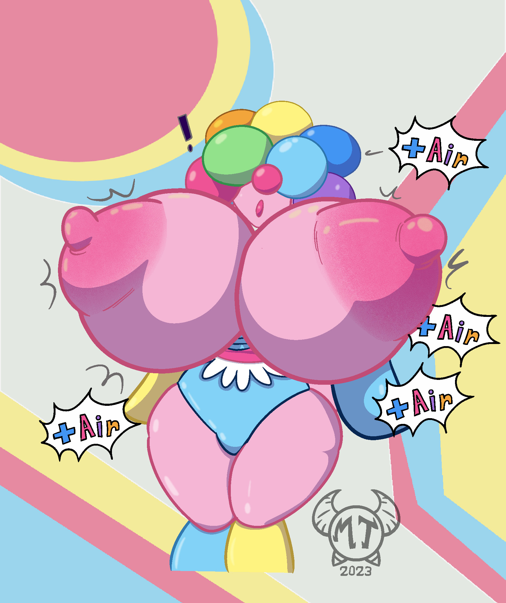 Four pictures of a balloon poodle experiencing breast expansion from added air