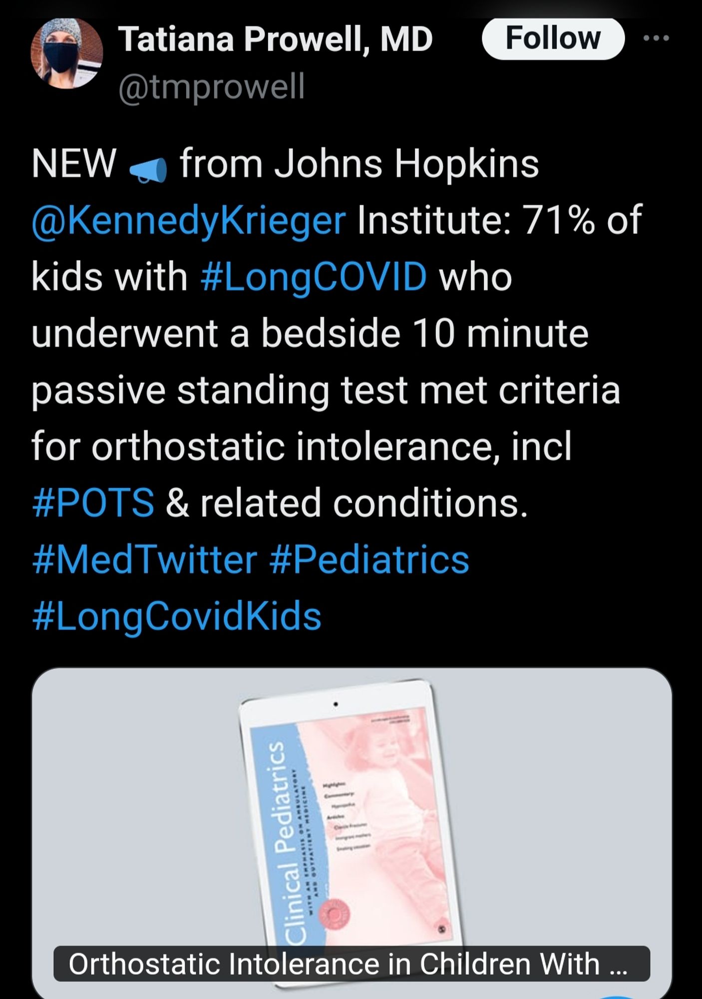 @tmprowell
NEW 📣 from Johns Hopkins 
@KennedyKrieger
 Institute: 71% of kids with #LongCOVID who underwent a bedside 10 minute passive standing test met criteria for orthostatic intolerance, incl #POTS & related conditions. #MedTwitter #Pediatrics #LongCovidKids