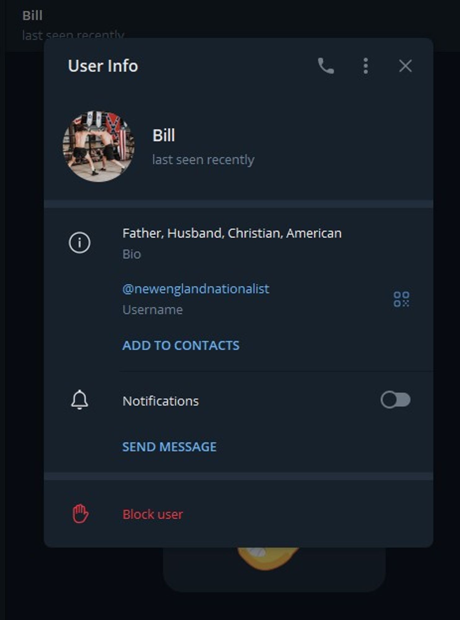 A screenshot of a Telegram profile. The account nickname is "Bill," consistent with Mark Hayden's "Bill Massachusetts" Patriot Front moniker. The Telegram handle is "@newenglandnationalist." The bio is set as "Father. Husband. Christian. American." The profile photo is of two white men in black trunks boxing in a ring, with several Patriot Front banners hanging from the gym's rafters. The man on the right of the photo is likely Mark Hayden.