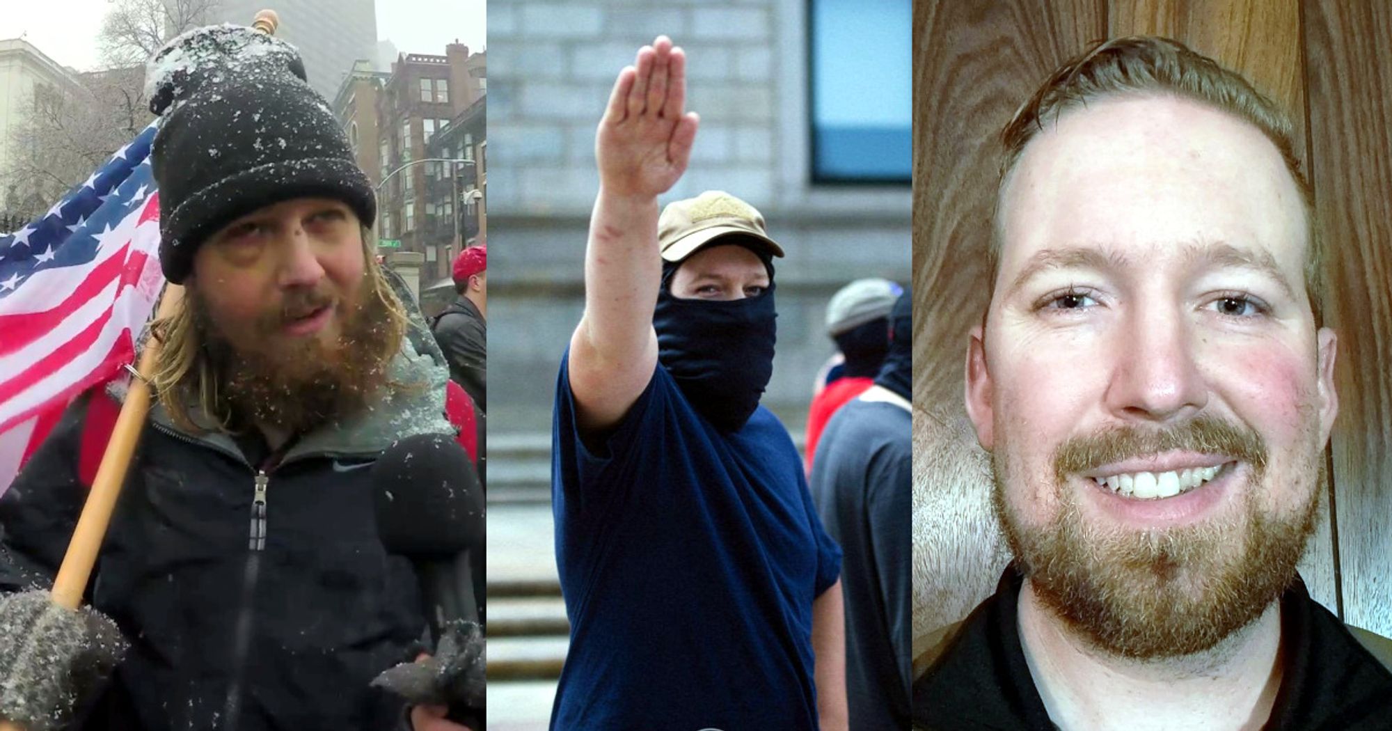 A triptych of images depicting Jarek Reihner, a white man in his late 20s/early 30s with a pale complexion and blond hair, at various points at his life. The first image is of Reihner at Resist Marxism's "No Sanctuary Cities" protest during December 2017. Dressed in black winter clothes, lightly dusted with clumping snow, and carrying an American flag over one shoulder, Reihner's right eye is swollen from a fistfight a week beforehand. His hair and beard are both long, with the beard poorly kept. The second image is of Reihner at Patriot Front's disruption of the March Against Cages during August 2019. Reihner, wearing a tan baseball cap, a black balaclava that obscures most of his face besides his eyes and forehead, and a navy blue t-shit, faces the camera and holds a Roman salute. The third image is a selfie of Reihner, likely taken circa 2022. His hair is short and slicked back, and his beard is likewise short and well-trimmed. He grins at the camera.