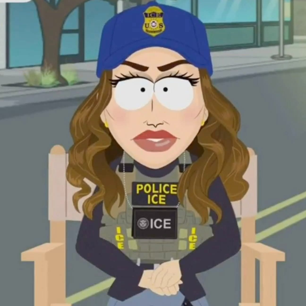 Southpark cartoon image of Kristi Noem wearing ICE gear