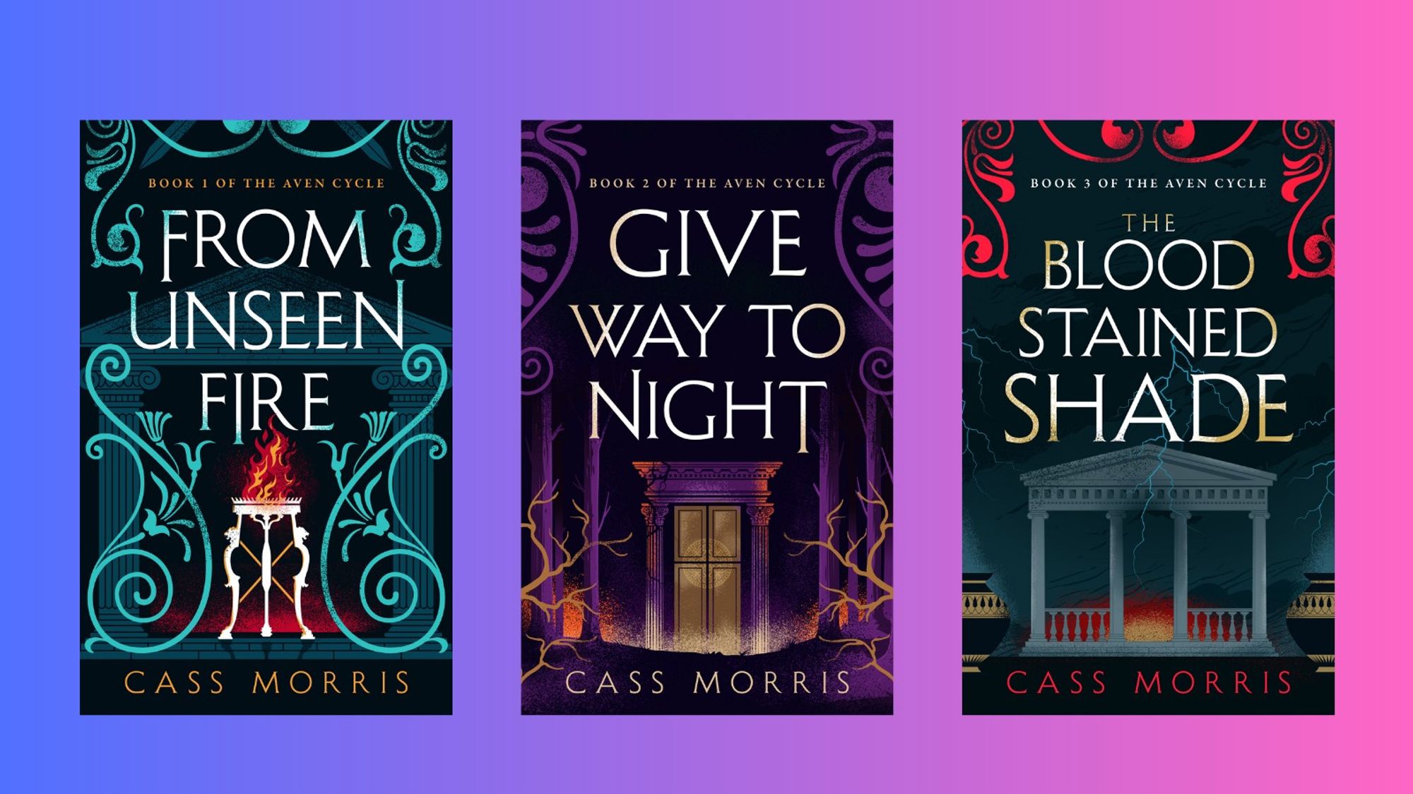 Book covers of FROM UNSEEN FIRE, GIVE WAY TO NIGHT, and THE BLOODSTAINED SHADE against a gradiant background shading from blue to purple to pink