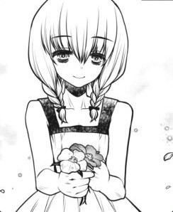 A black and white picture of Viola from The Witch's House holding a couple of flowers gently in her hands. She's wearing a long german dress and her hair ends in braids down to her shoulders.