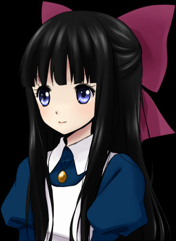 Aya from Mad Father, a young girl with long black hair and blue eyes wearing an aristocratic navy blue dress with a white collar and apron. She has a large red bow adorning the back of her head.