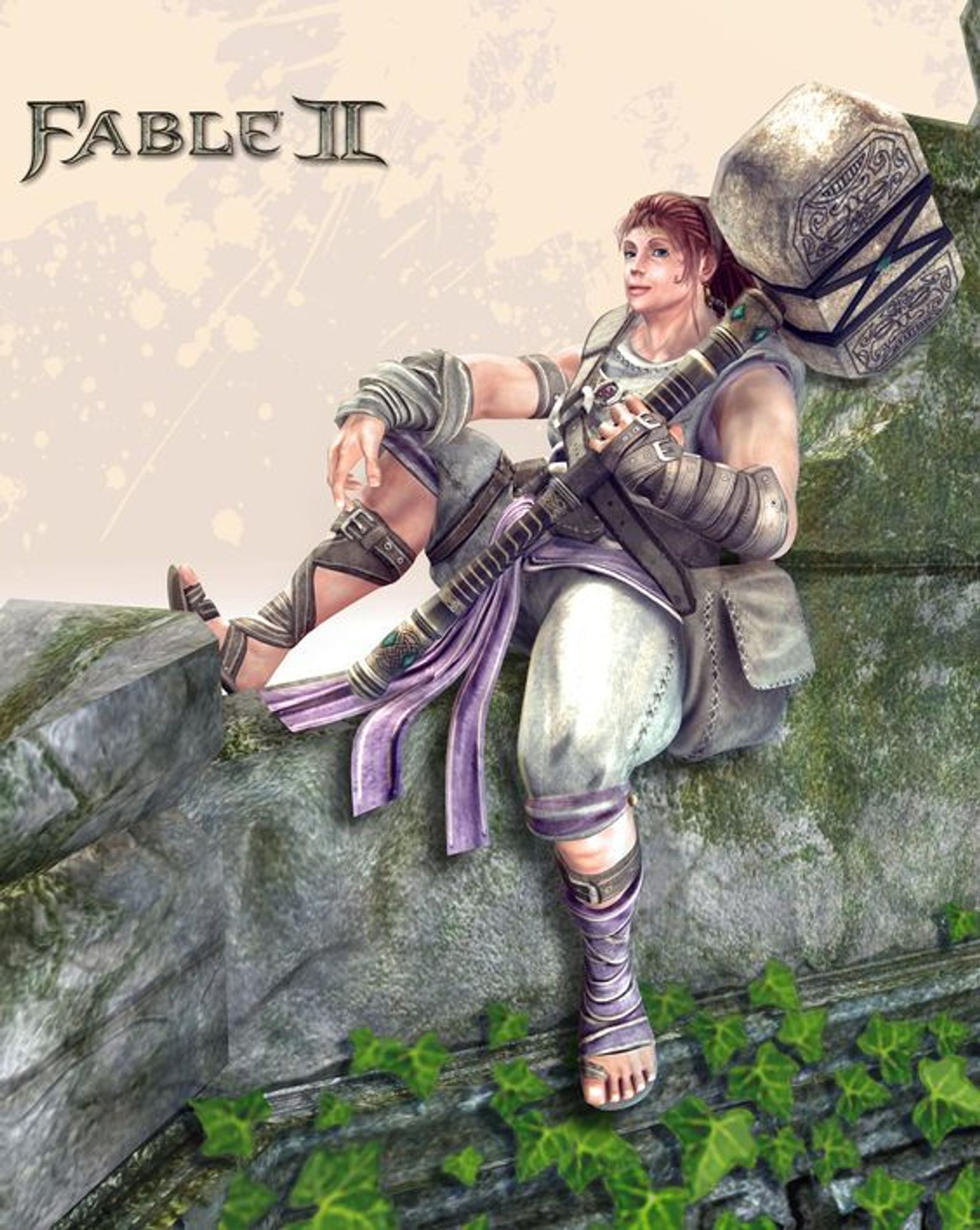 A muscular lady with ginger hair reclines on a broken and mossy stone wall. She's wearing a set of bleached leather sleeveless vestments, pants, sandals and hand wraps with lavender accents, and is resting a large stone greathammer against her shoulder.