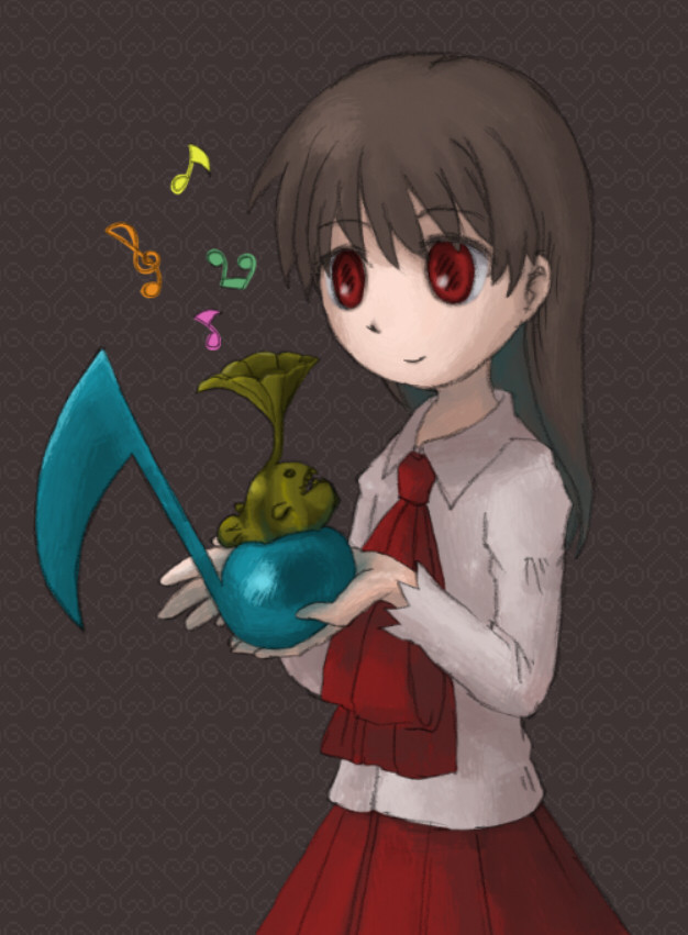 Ib from Ib, a girl with red eyes and shoulder length brown hair, wearing a white dress shirt with a large red tie and red skirt. She's holding a music box in the shape of a quaver note with a cute anglerfish adornment as the output device.