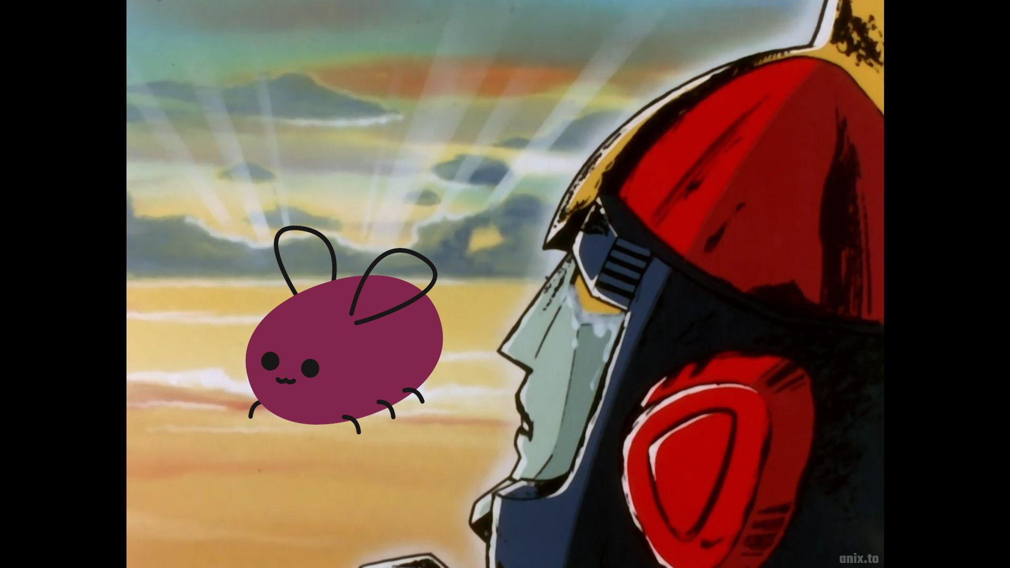 A screenshot from the final episode of Invincible Superman Zambot 3. The Zambo Ace is looking into the sunset, tears in its eyes. The sun is replaced with Eggbug of Cohost fame.