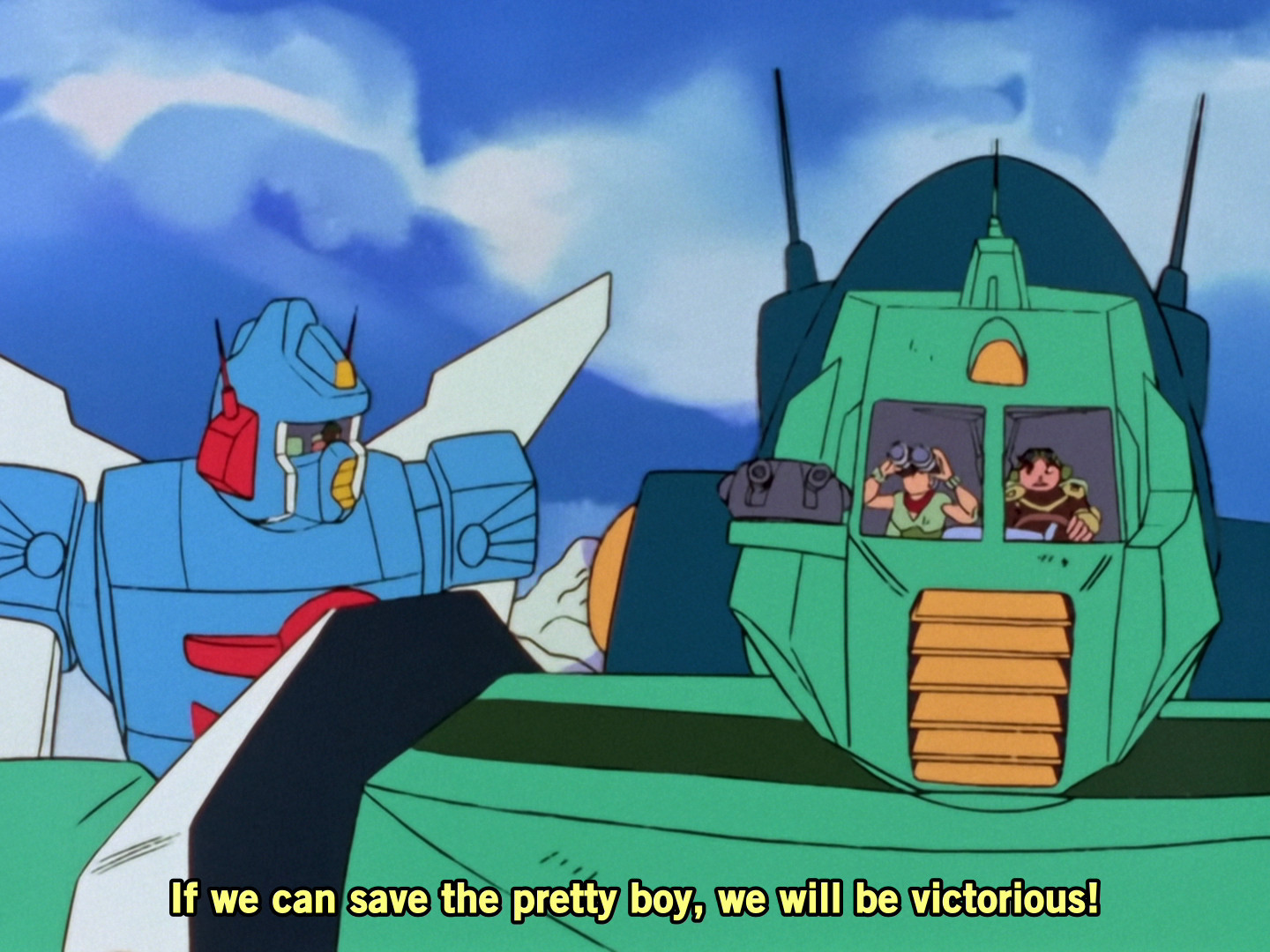 a screenshot of combat mecha xabungle. two mecha are moving towards the camera. the narrator is saying "If we can save the pretty boy, we will be victorious!"