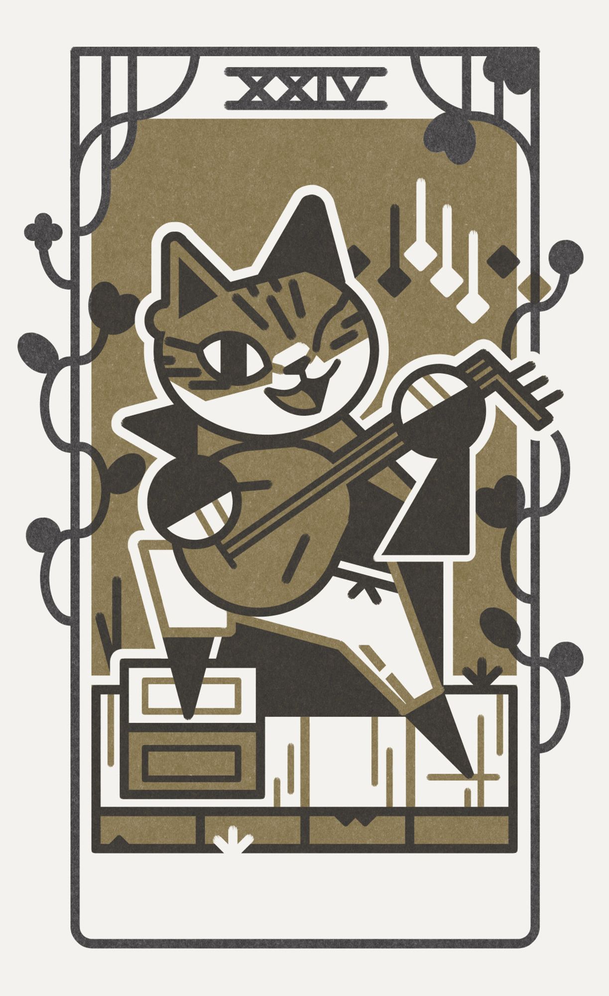 tarot card with the roman numeral 24, a cat dressed as a bard performs on a stage with vines growing around him.