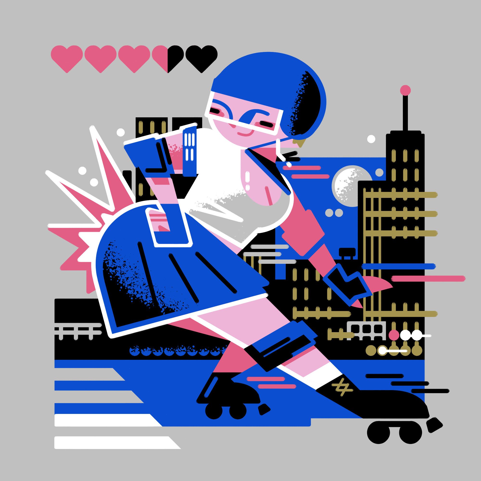 2023 illustration of a roller derby skater- skating backwards with a pronounced hip check and a cityscape blurring behind.