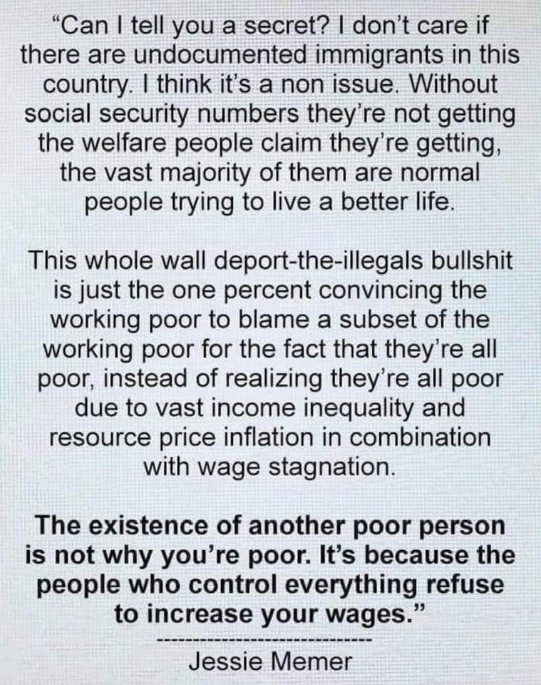 Summary of long text: "I don't care if there are undocumented immigrants in this country.  I don't think it's a real issue.  I think it's rich people pitting us against each other."