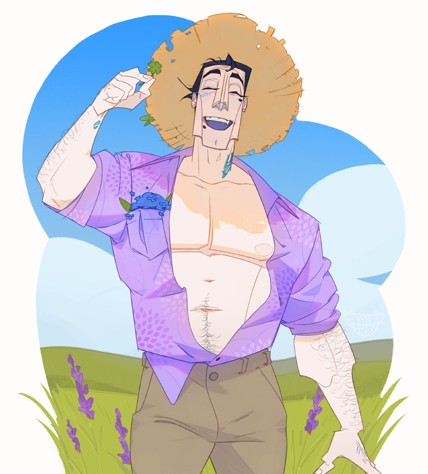 an artwork of Niners in a field, there are blue skies above with a few white clouds on the horizon
a few lavender blooms are poking out of the green grass behind him
he's dressed in a purple button-up shirt with a stylized flower pattern, the shirt is not buttoned, swaying freely in the wind, yet the lower half is tucked into Niners' beige pants, a bunch of hydrangea flowers are poking out of his chest pocket, there's a straw hat on his head
in his right hand is a four leaf clover that he is happily showing off to Nico (he's behind "the camera", so to speak)