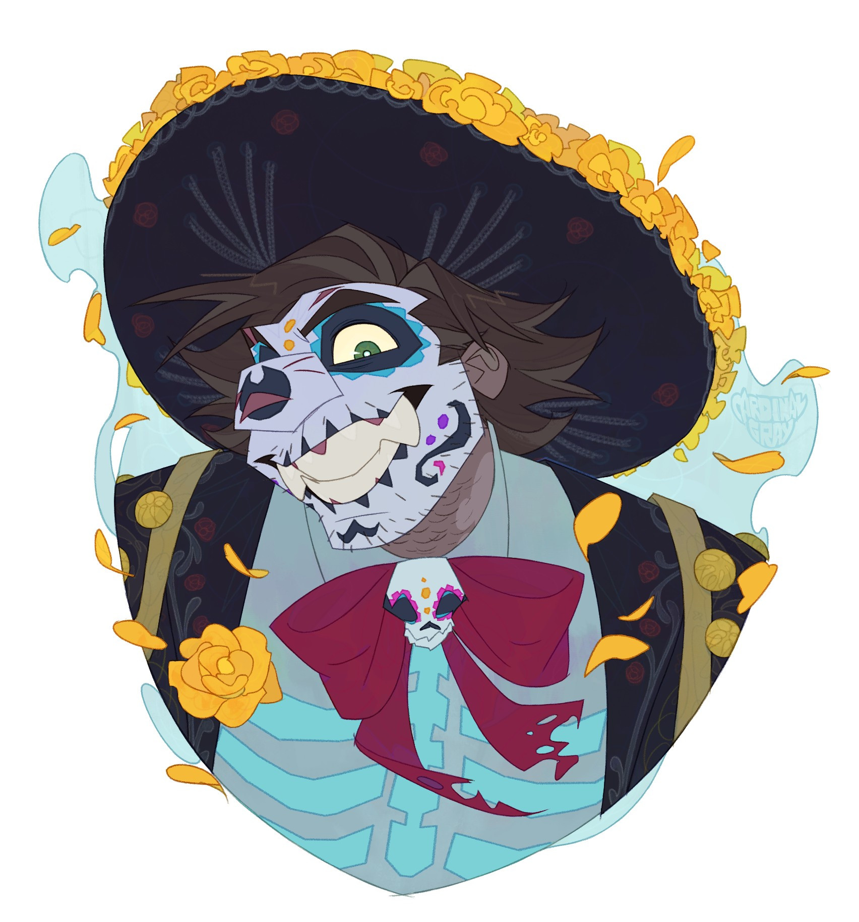 my oc Nico in a Dia de Los Muertos style outfit and face paint