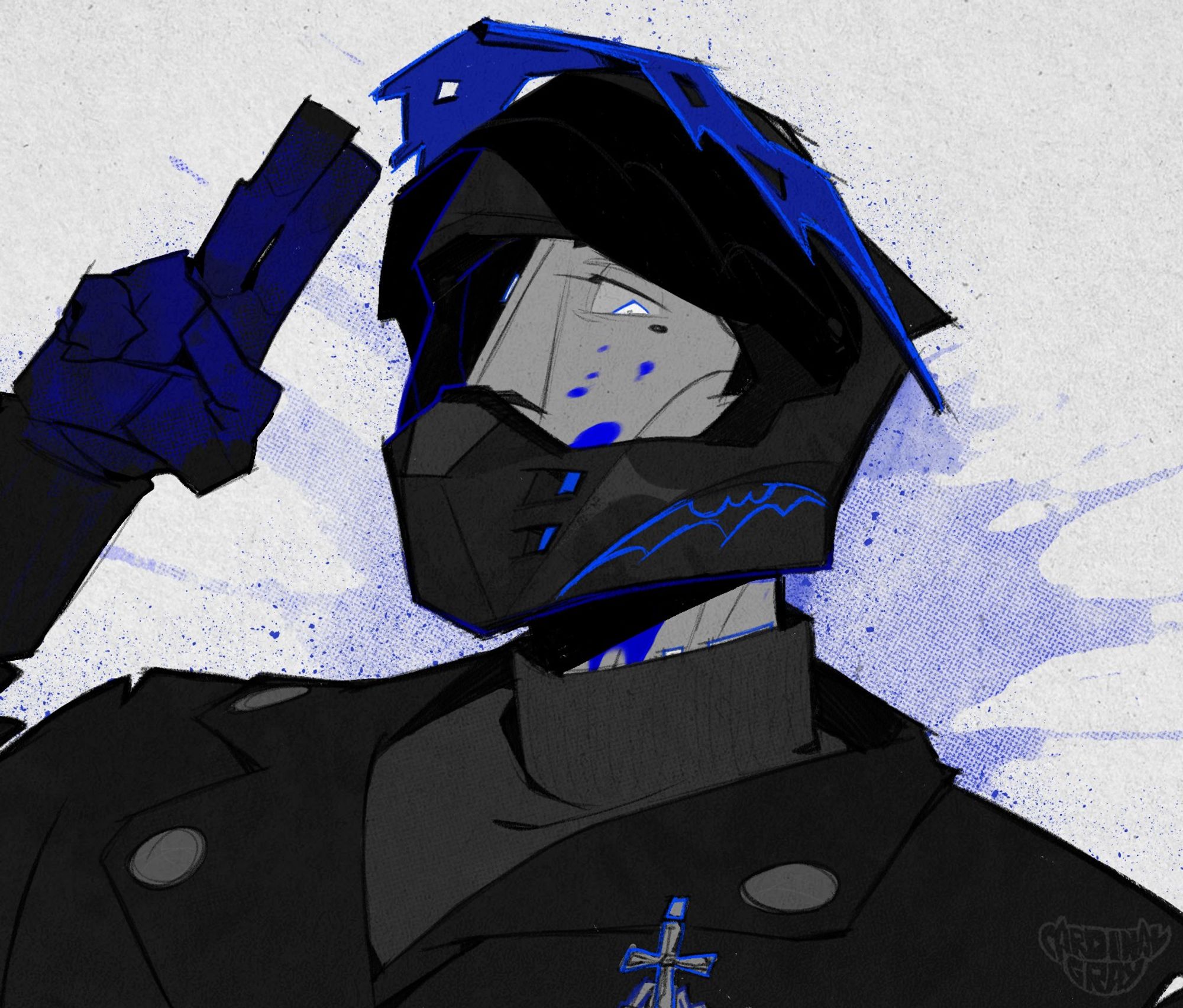 a b/w portrait of Niners with blue accents
he's wearing a leather jacket with a cross accessory, leather gloves, a dark turtleneck and a black biker helmet (the helmet has bat-like motifs)
his face can be partially seen through the raised visor, vibrant blue blood is splattered around his mouth, with smaller drops smudged on his left cheek, and some of it is dripping from underneath the bottom half of the helmet, running towards the collar of the turtleneck), one eye is obscured by the shadows however it is still visible since both of his eyes are glowing
he's giving a goodbye salute with his hand and looking towards the camera