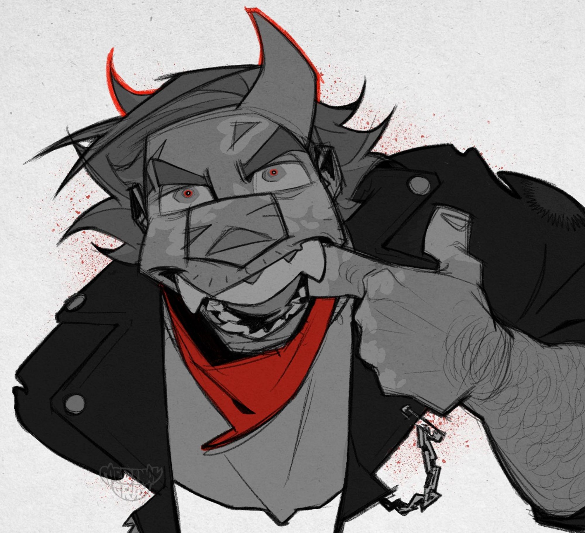 a b/w halloween piece of Nico
he has a white shirt, a leather jacket (with a safety pin with a chain coming from it on one of the lapels) and a red bandana on
there's a single horn on our right side of his face, together with a strand of his hair on the opposite side it makes up two devil horns
he's showing off his teeth with a snarky smile, tugging on the side of his mouth with a pointer finger